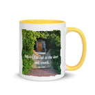 Revelation 3:20 Bible Verse, Garden Doorway White Ceramic Mug with Color Inside Yellow 11 oz