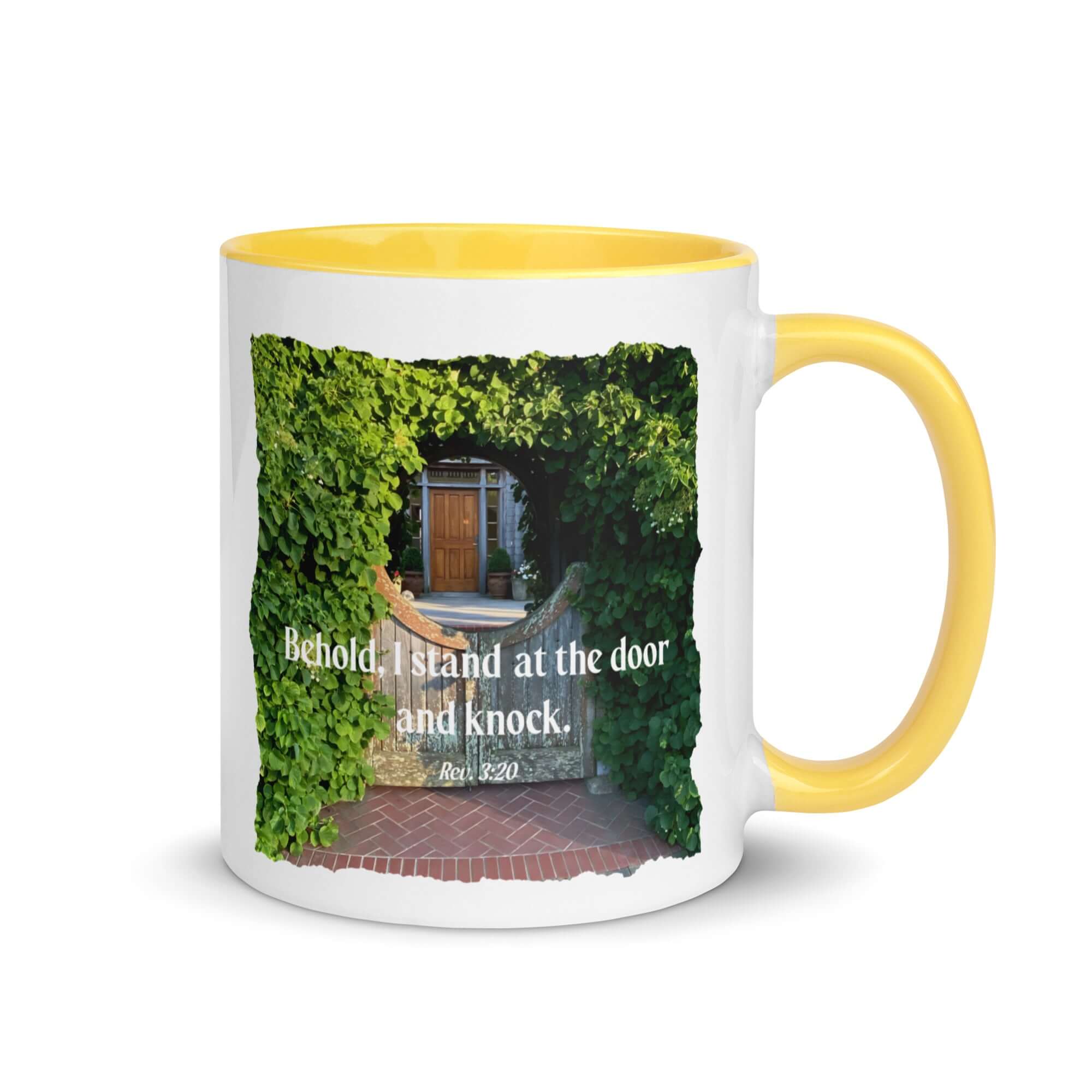 Revelation 3:20 Bible Verse, Garden Doorway White Ceramic Mug with Color Inside Yellow 11 oz