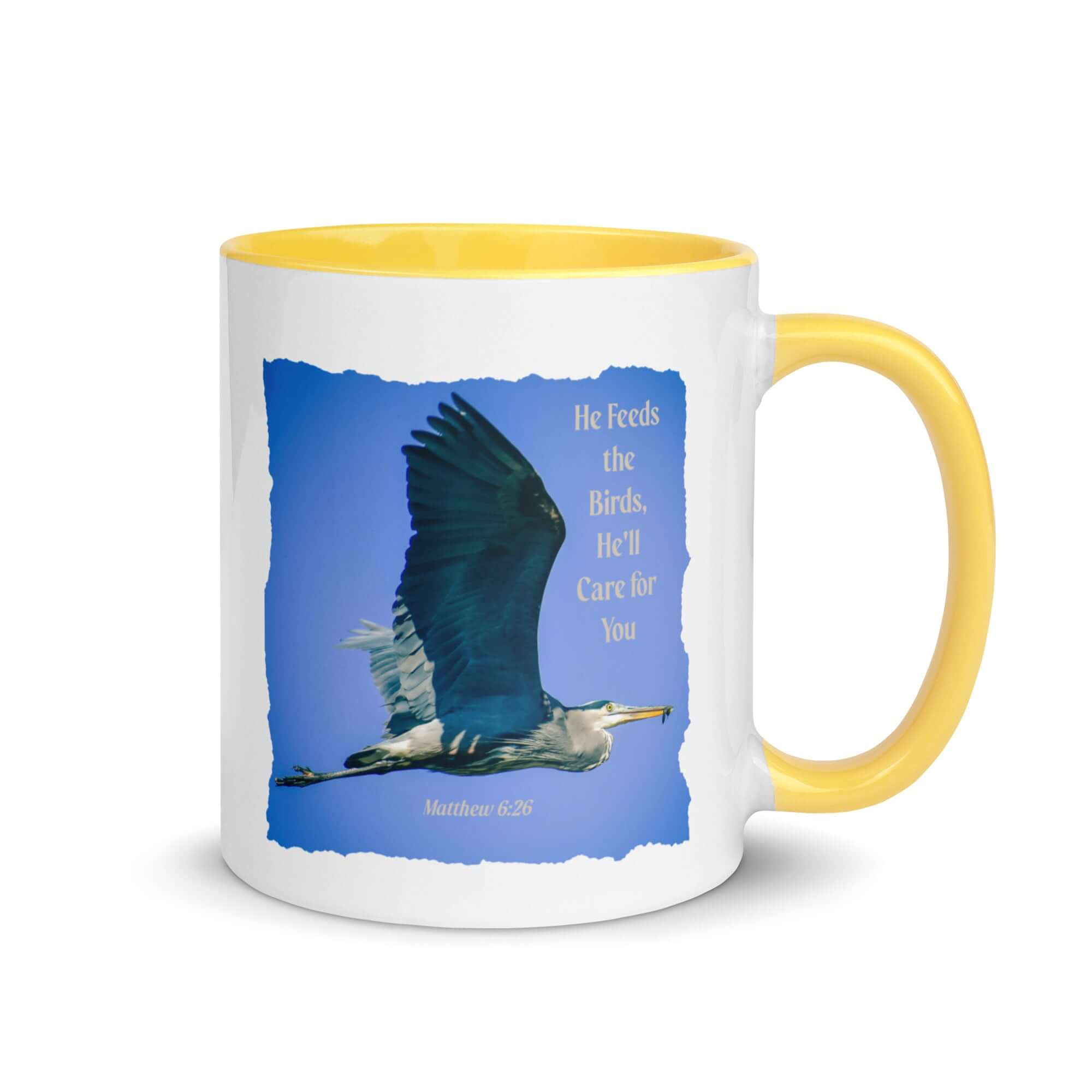 Matthew 6:26 Graceful Heron, He'll Care for You White Ceramic Mug with Color Inside Yellow 11 oz
