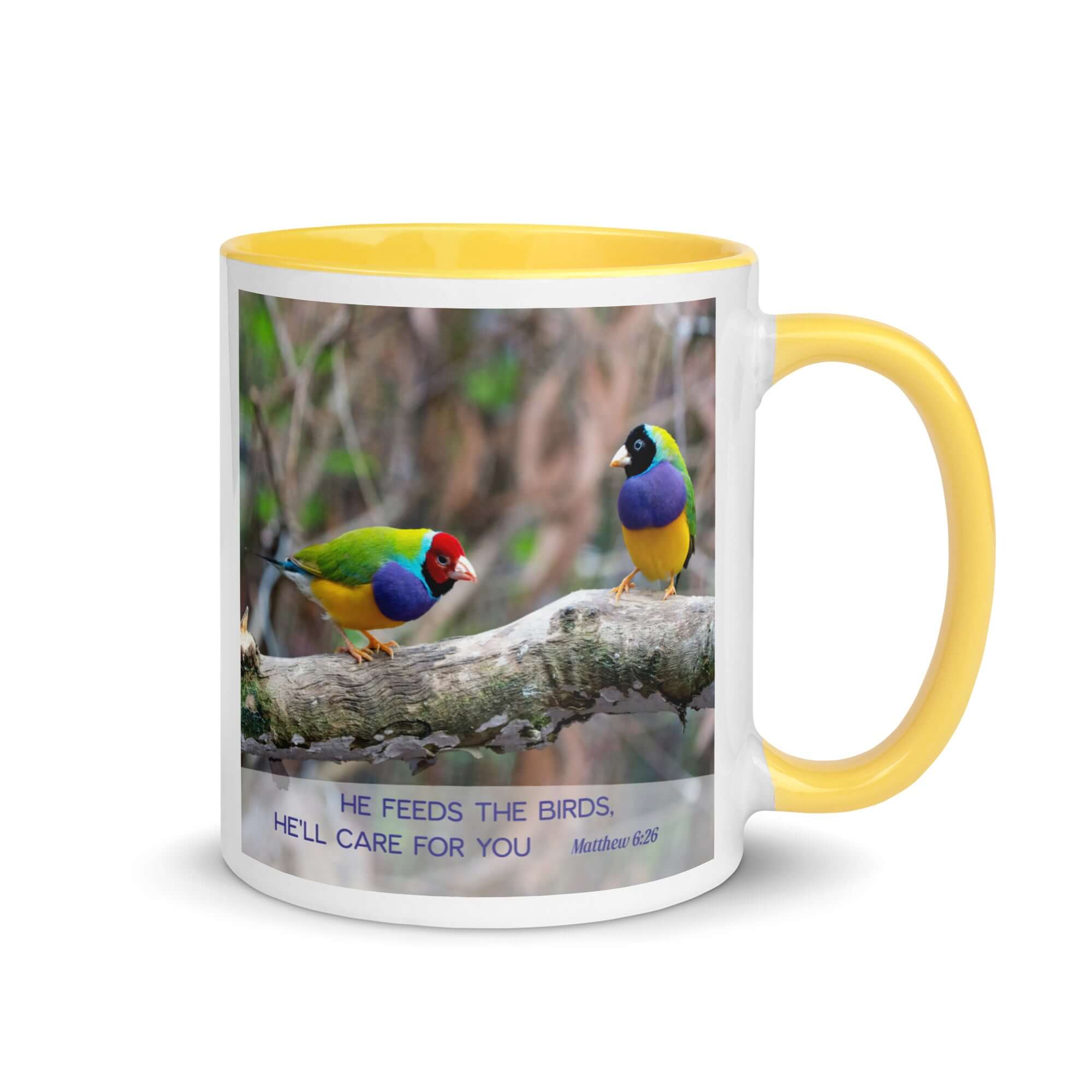 Matthew 6:26 Gouldian Finches, He'll Care for You White Ceramic Mug with Color Inside Yellow 11 oz