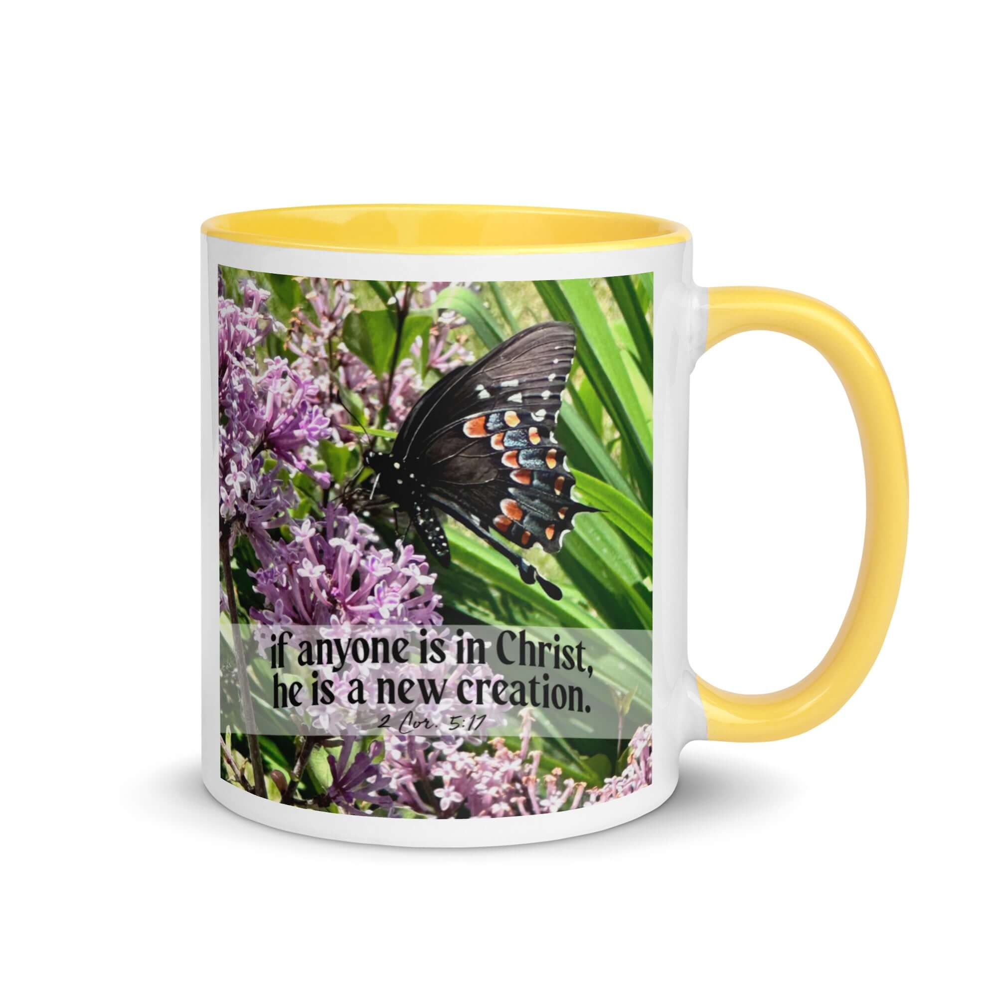 2 Corinthians 5:17 Bible Verse, Butterfly White Ceramic Mug with Color Inside Yellow 11 oz