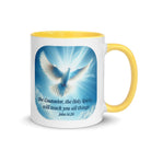 John 14:26 Bible Verse, Holy Spirit Dove White Ceramic Mug with Color Inside Yellow 11 oz