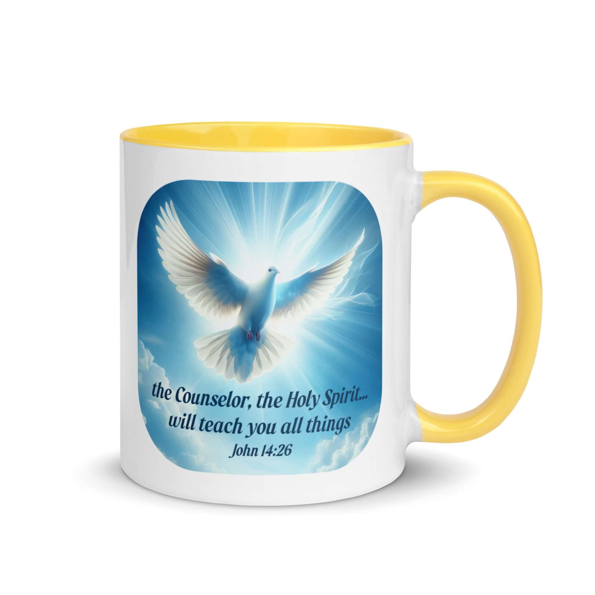 John 14:26 Bible Verse, Holy Spirit Dove White Ceramic Mug with Color Inside Yellow 11 oz