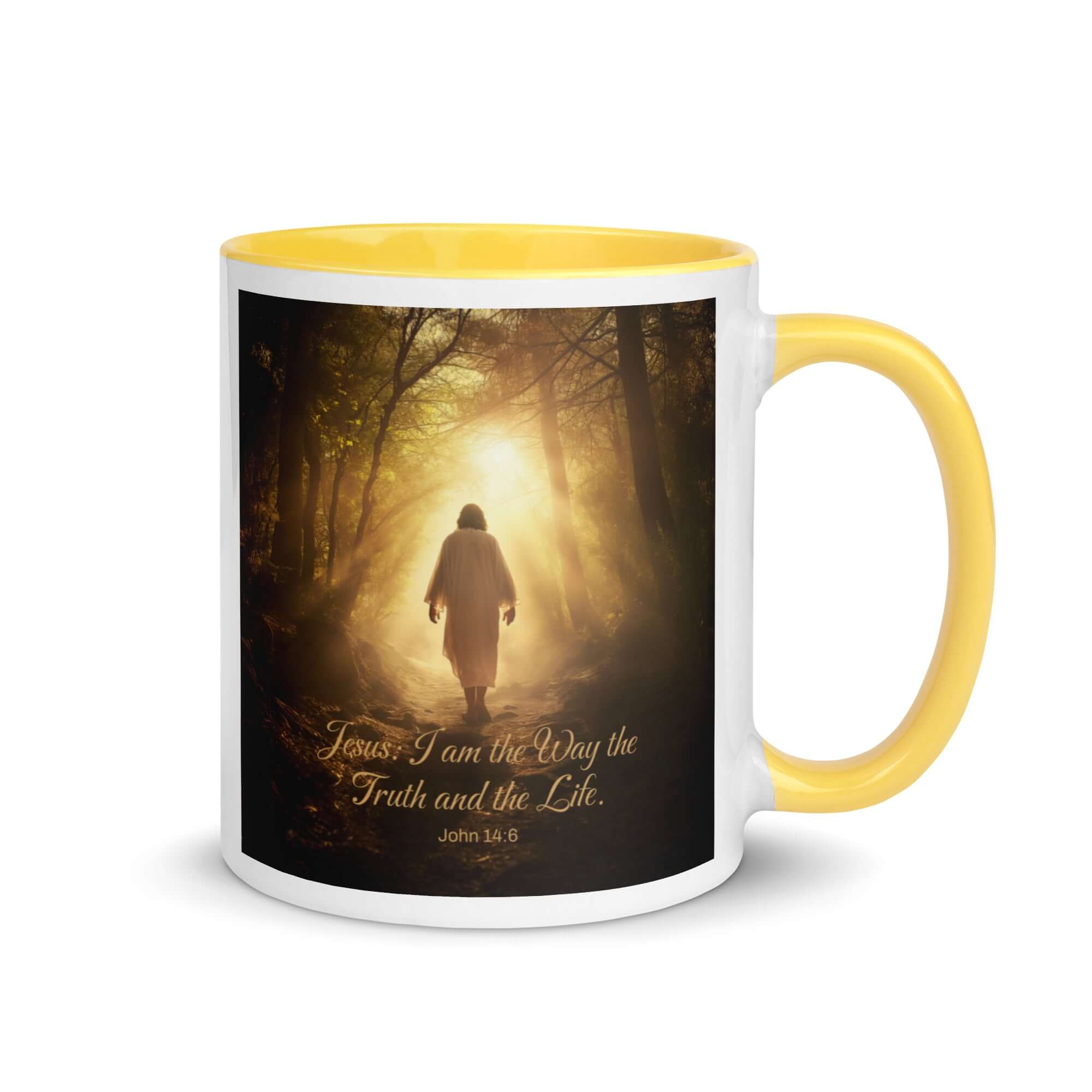 John 14:6 Bible Verse, Forest Image White Ceramic Mug with Color Inside Yellow 11 oz
