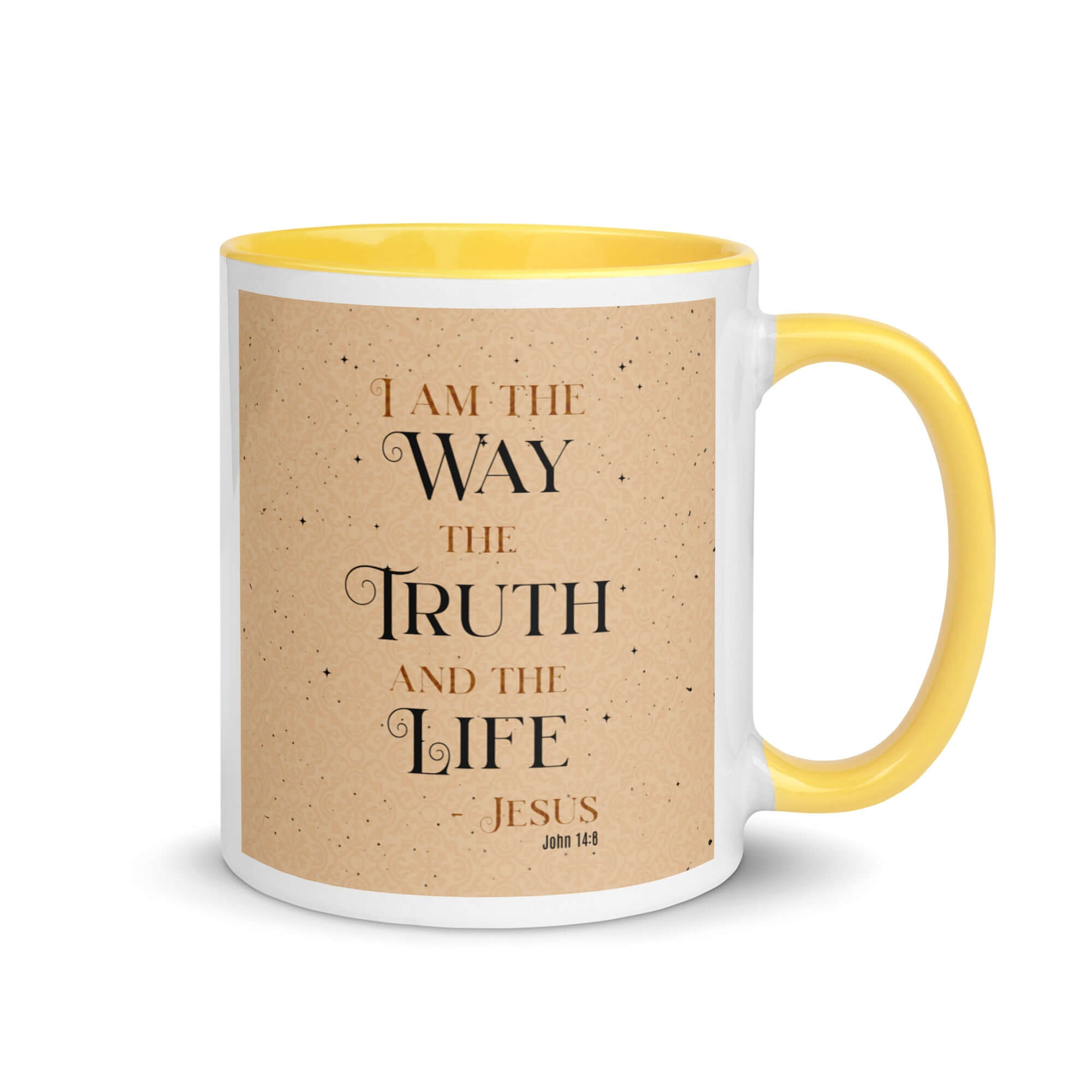 John 14:6 Bible Verse, Color Text Brown Background White Ceramic Mug with Color Inside Yellow 11 oz