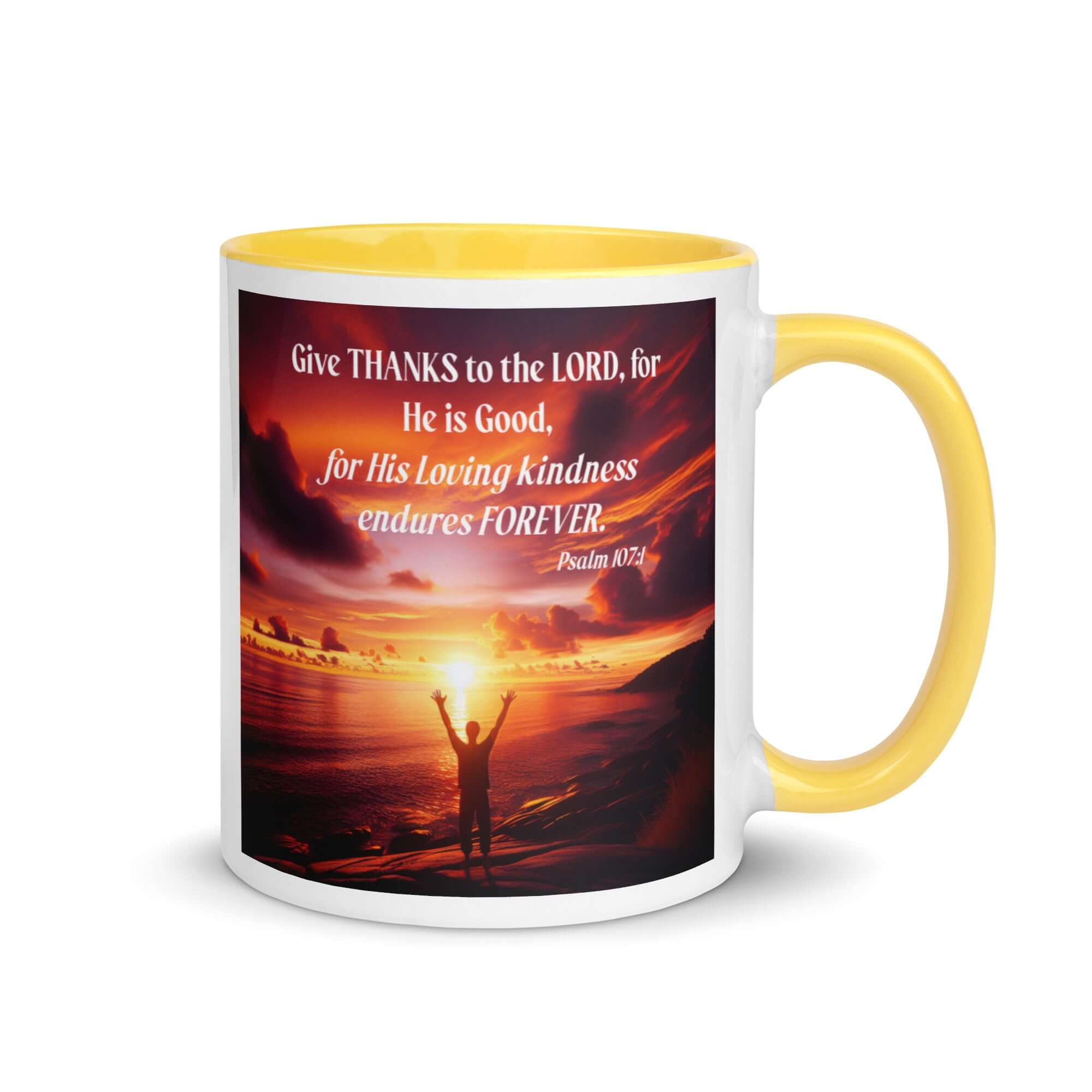 Psalm 107:1 Bible Verse, Give Thanks to the Lord White Ceramic Mug with Color Inside Yellow 11 oz