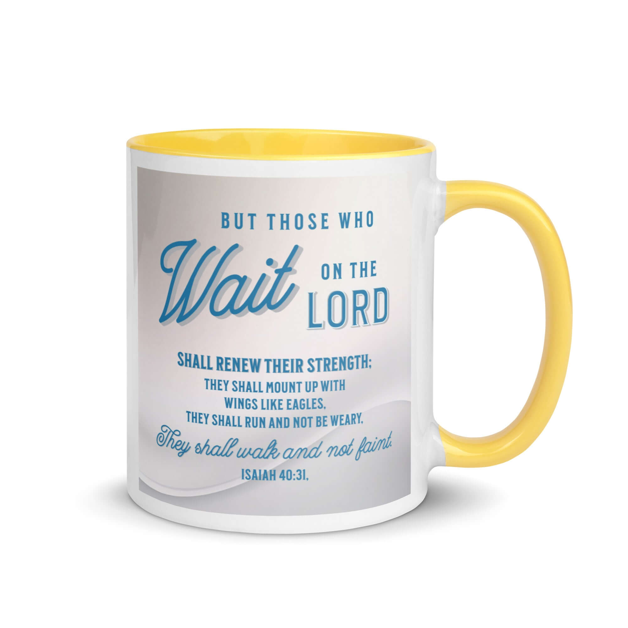 Isaiah 40:31 Bible Verse, Wings like Eagles White Ceramic Mug with Color Inside Yellow 11 oz