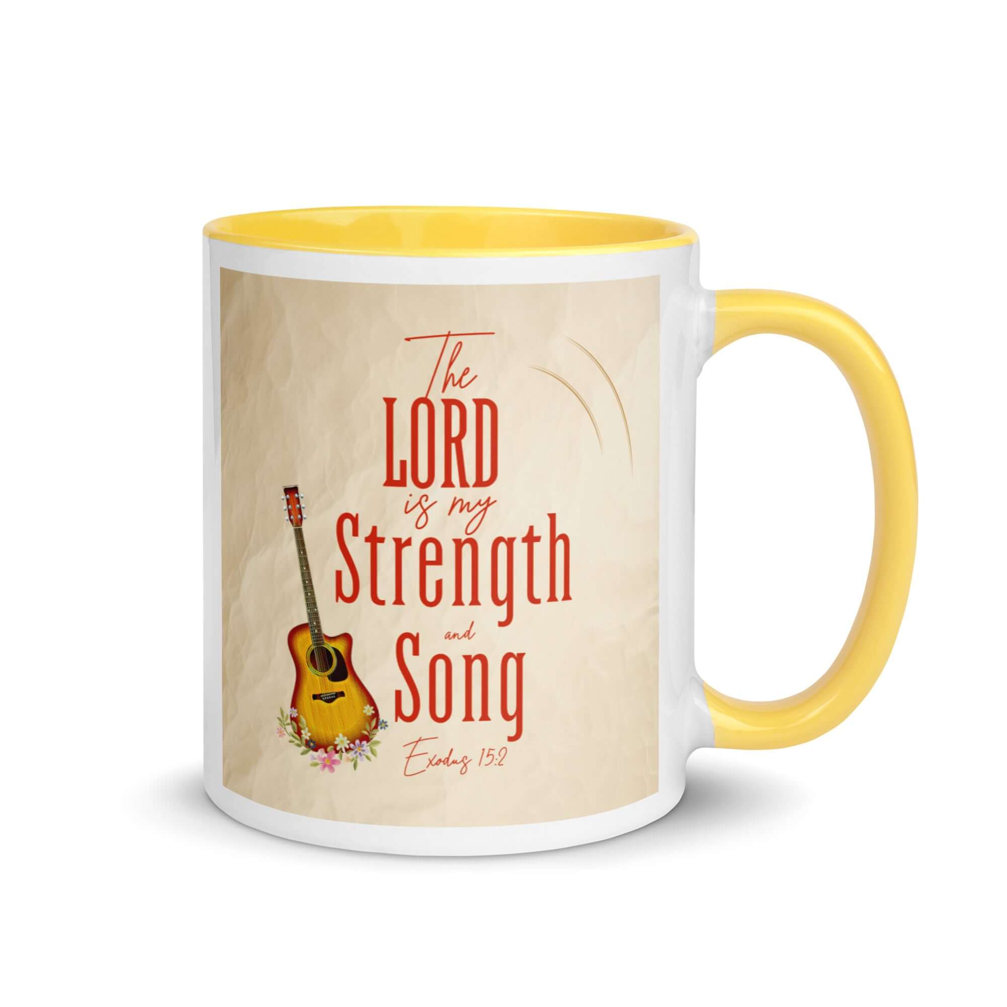 Exodus 15:2 Bible Verse, The LORD is my strength White Ceramic Mug with Color Inside Yellow 11 oz