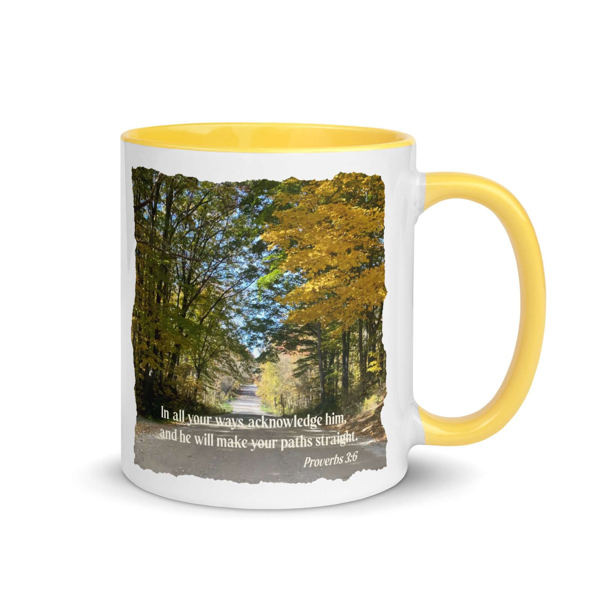 Proverbs 3:6 Bible Verse, Fall Road White Ceramic Mug with Color Inside Yellow 11 oz