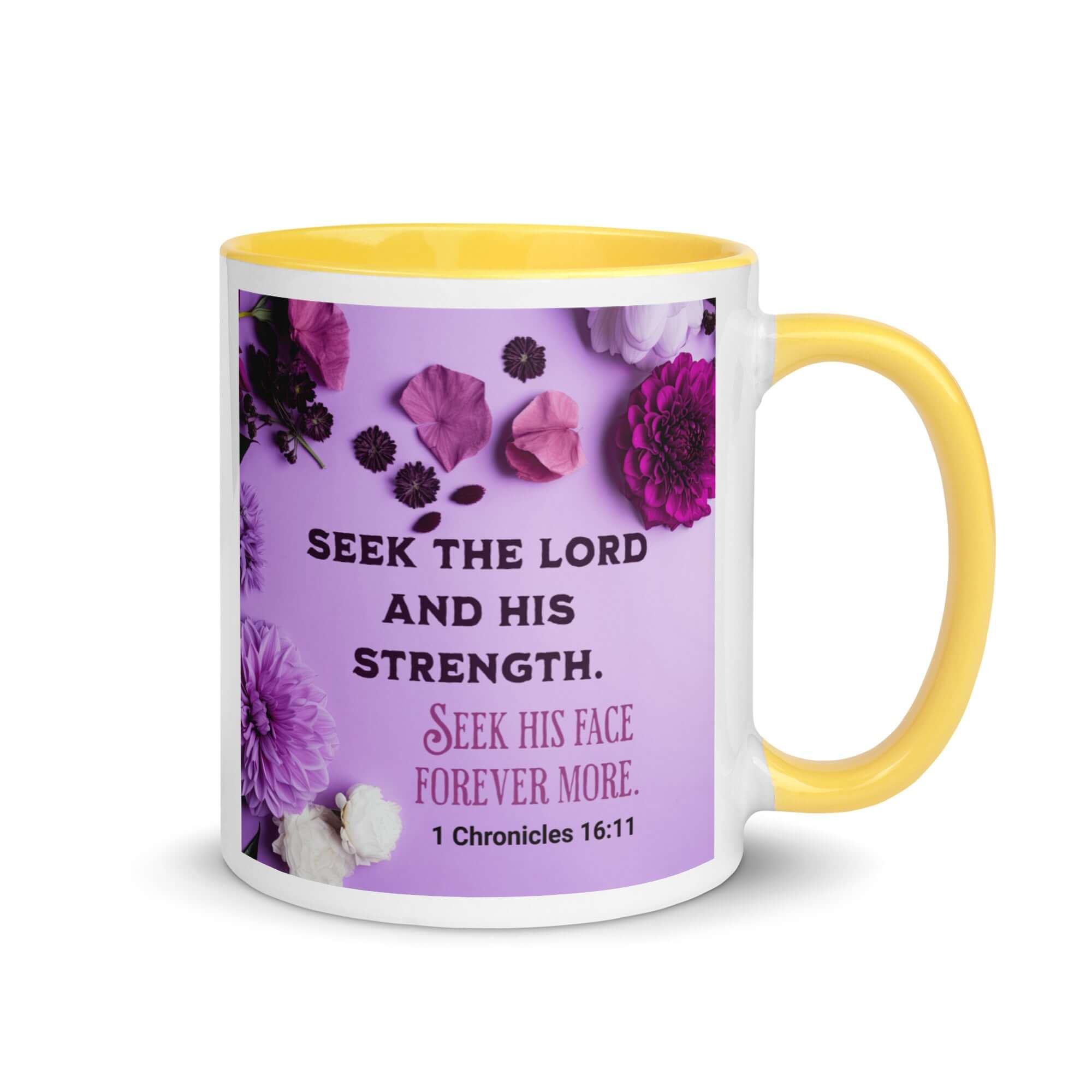 1 Chronicles 16:11 Bible Verse, Seek the LORD White Ceramic Mug with Color Inside Yellow 11 oz