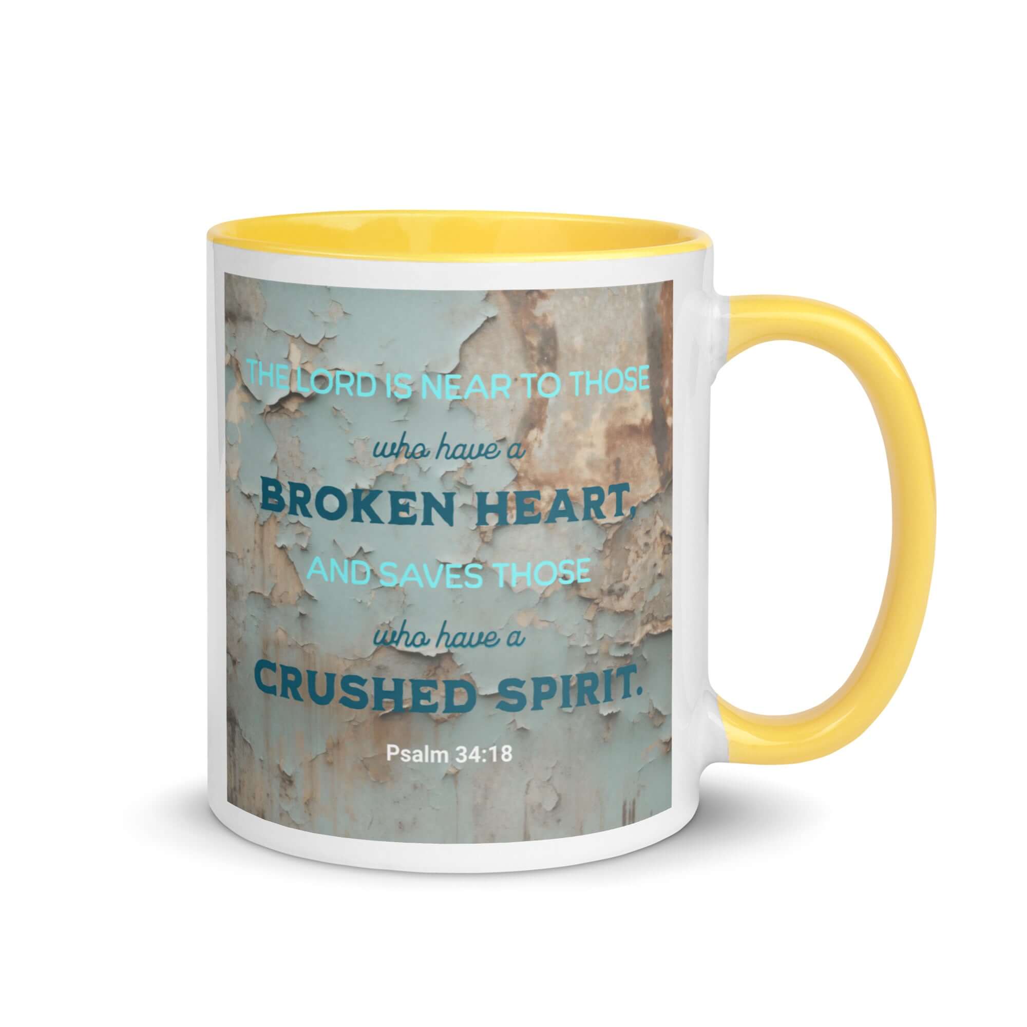 Psalm 34:18 Bible Verse, The LORD is Near White Ceramic Mug with Color Inside Yellow 11 oz