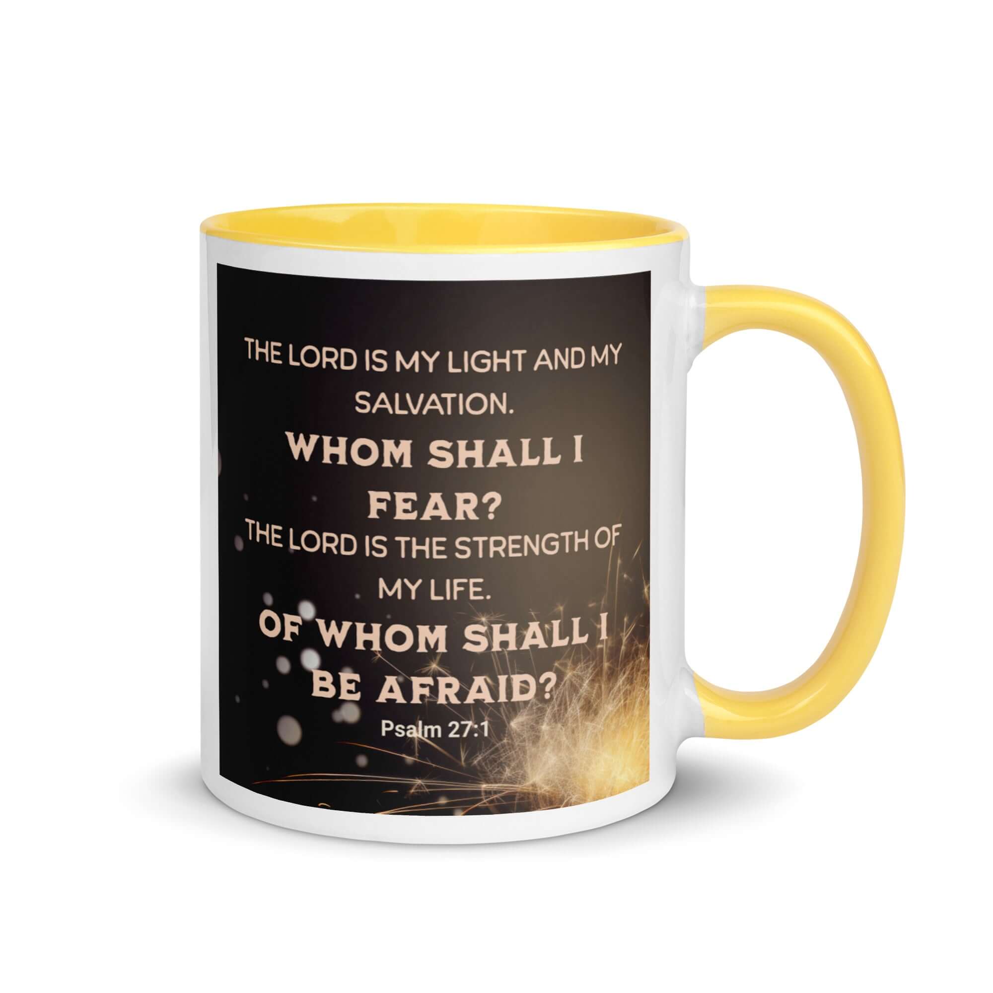 Psalm 27:1 Bible Verse, The LORD is My Light White Ceramic Mug with Color Inside Yellow 11 oz