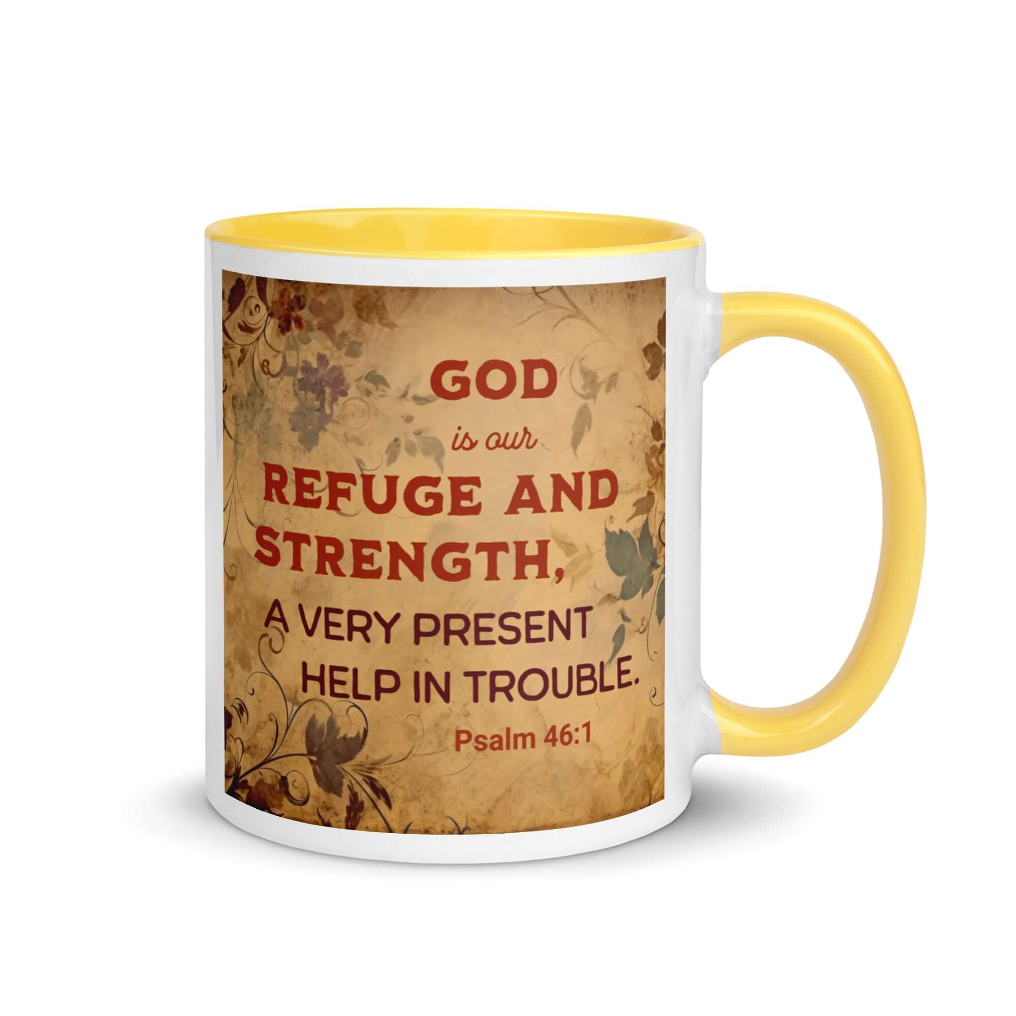Psalm 46:1 Bible Verse, God is Our Refuge White Ceramic Mug with Color Inside Yellow 11 oz
