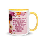 John 3:16 Bible Verse, For God So Loved White Ceramic Mug with Color Inside Yellow 11 oz