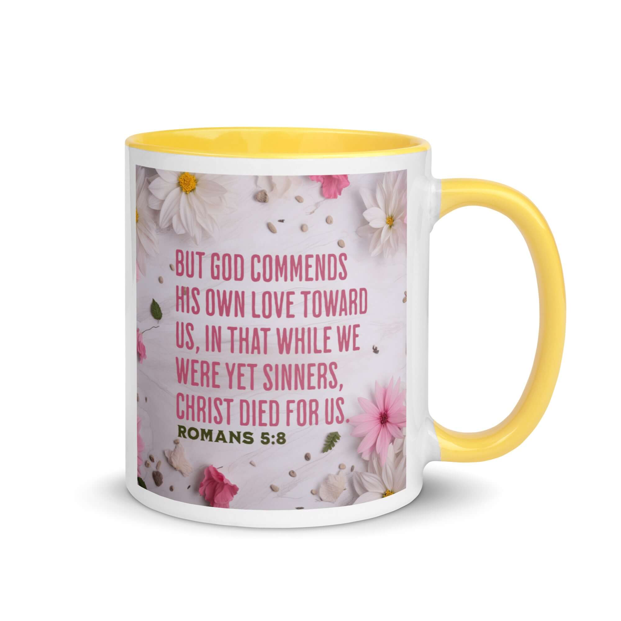 Romans 5:8 Bible Verse, Christ Died for Us White Ceramic Mug with Color Inside Yellow 11 oz