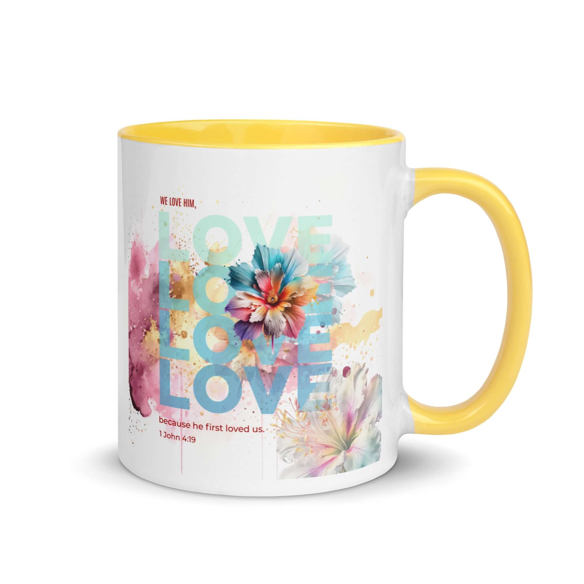 1 John 4:19 Bible Verse, We Love Him White Ceramic Mug with Color Inside Yellow 11 oz