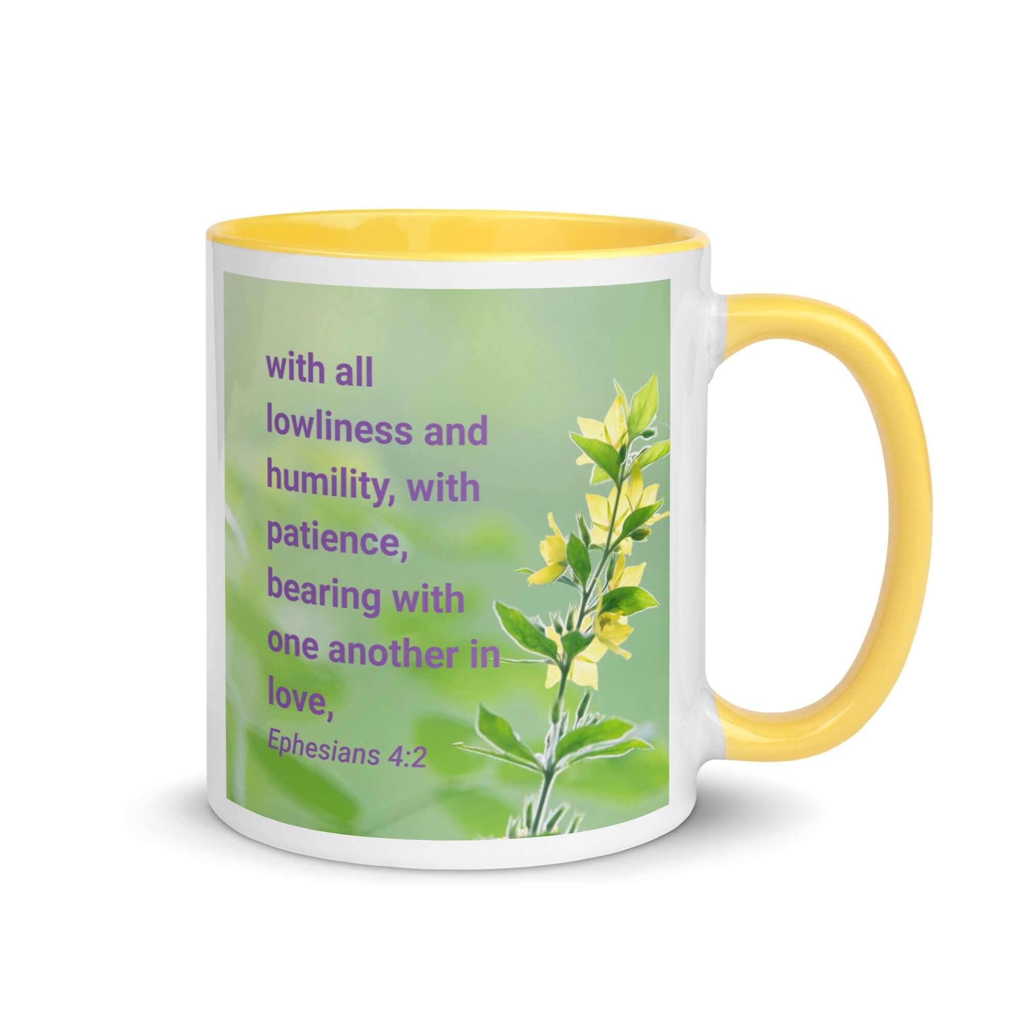 Ephesians 4:2 Bible Verse, one another in love White Ceramic Mug with Color Inside Yellow 11 oz