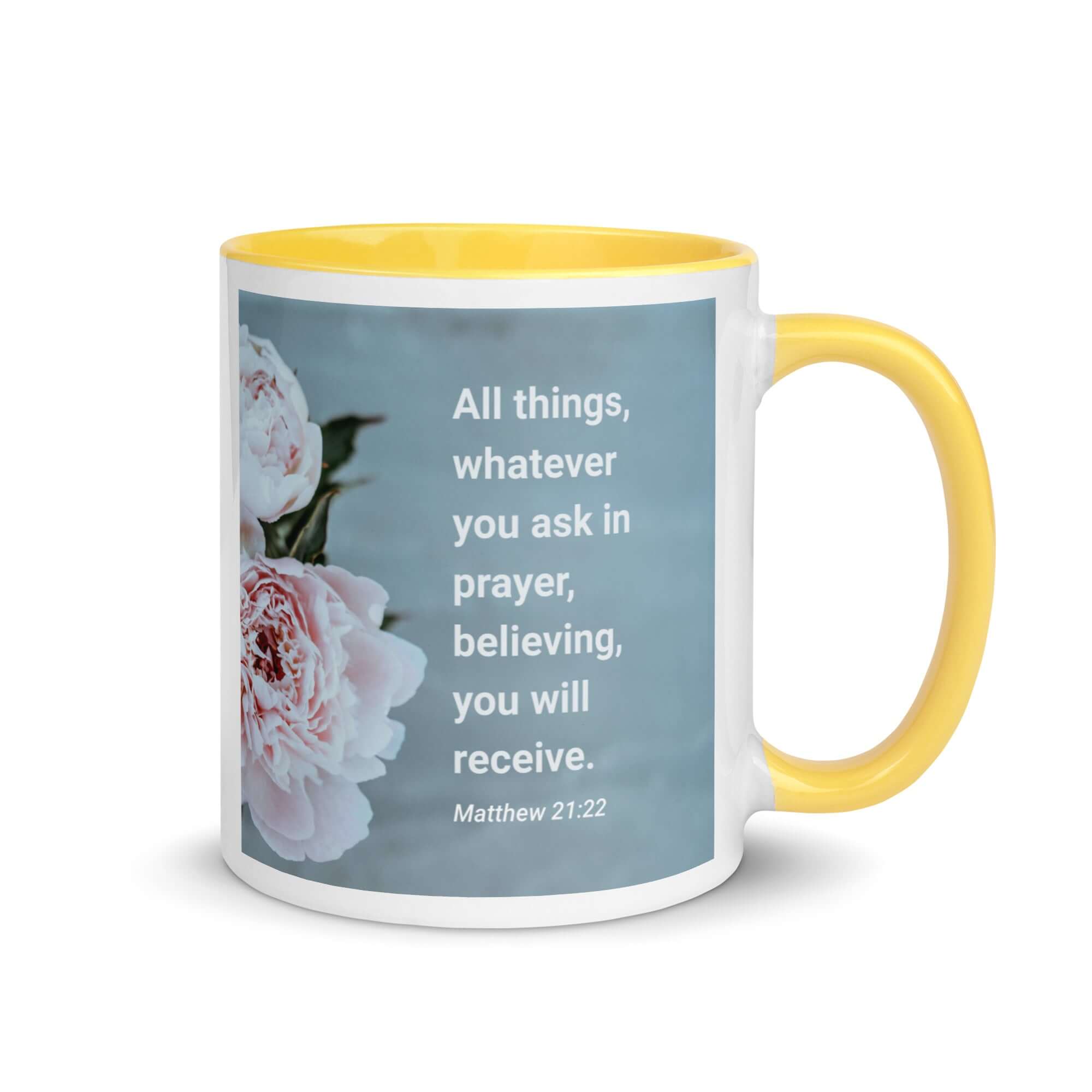 Matthew 21:22 Bible Verse, ask in prayer White Ceramic Mug with Color Inside Yellow 11 oz