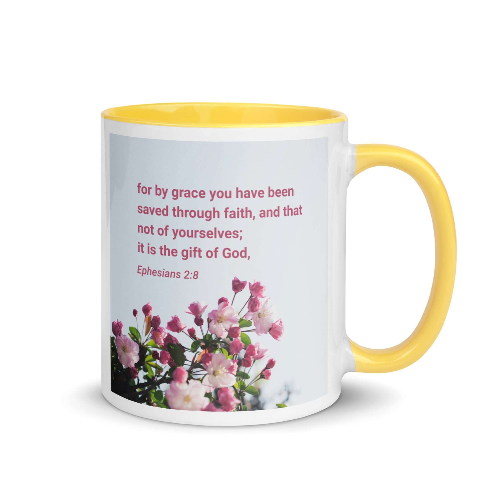 Ephesians 2:8 Bible Verse, saved through faith White Ceramic Mug with Color Inside Yellow 11 oz