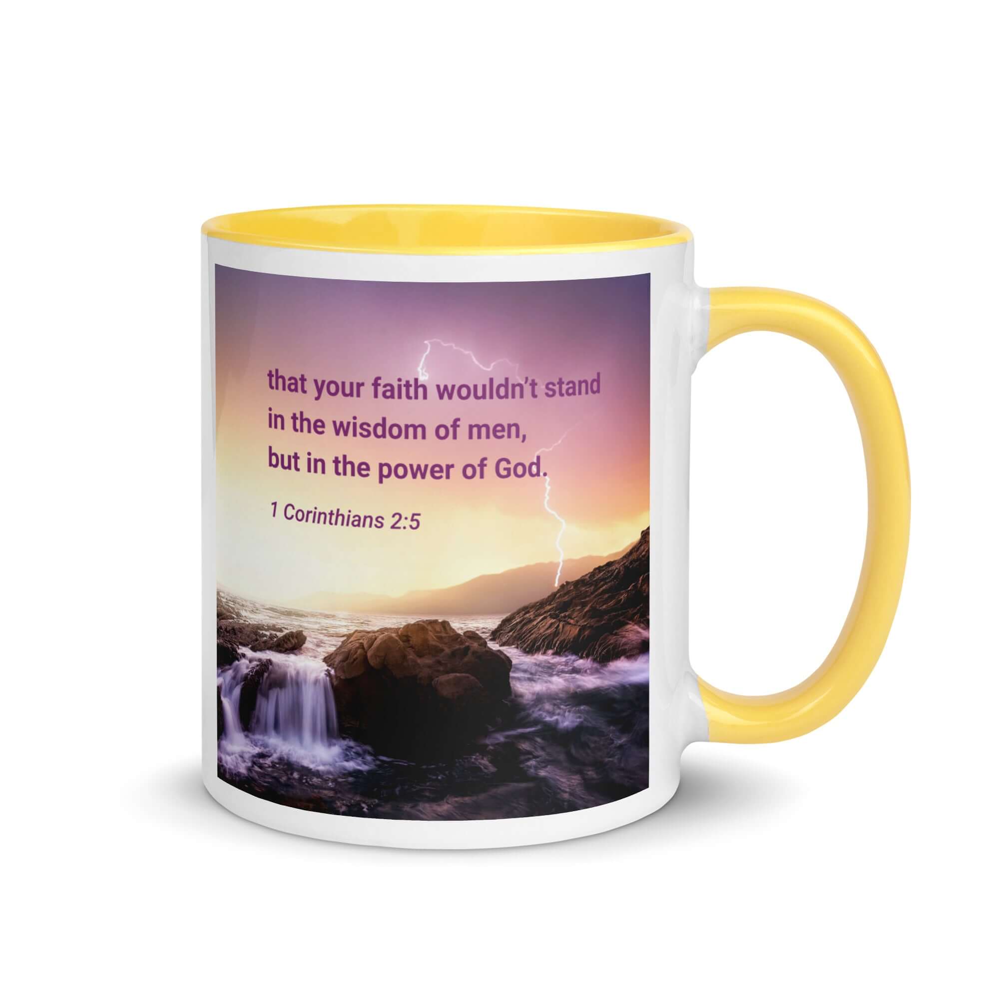 1 Corinthians 2:5 Bible Verse, power of God White Ceramic Mug with Color Inside Yellow 11 oz