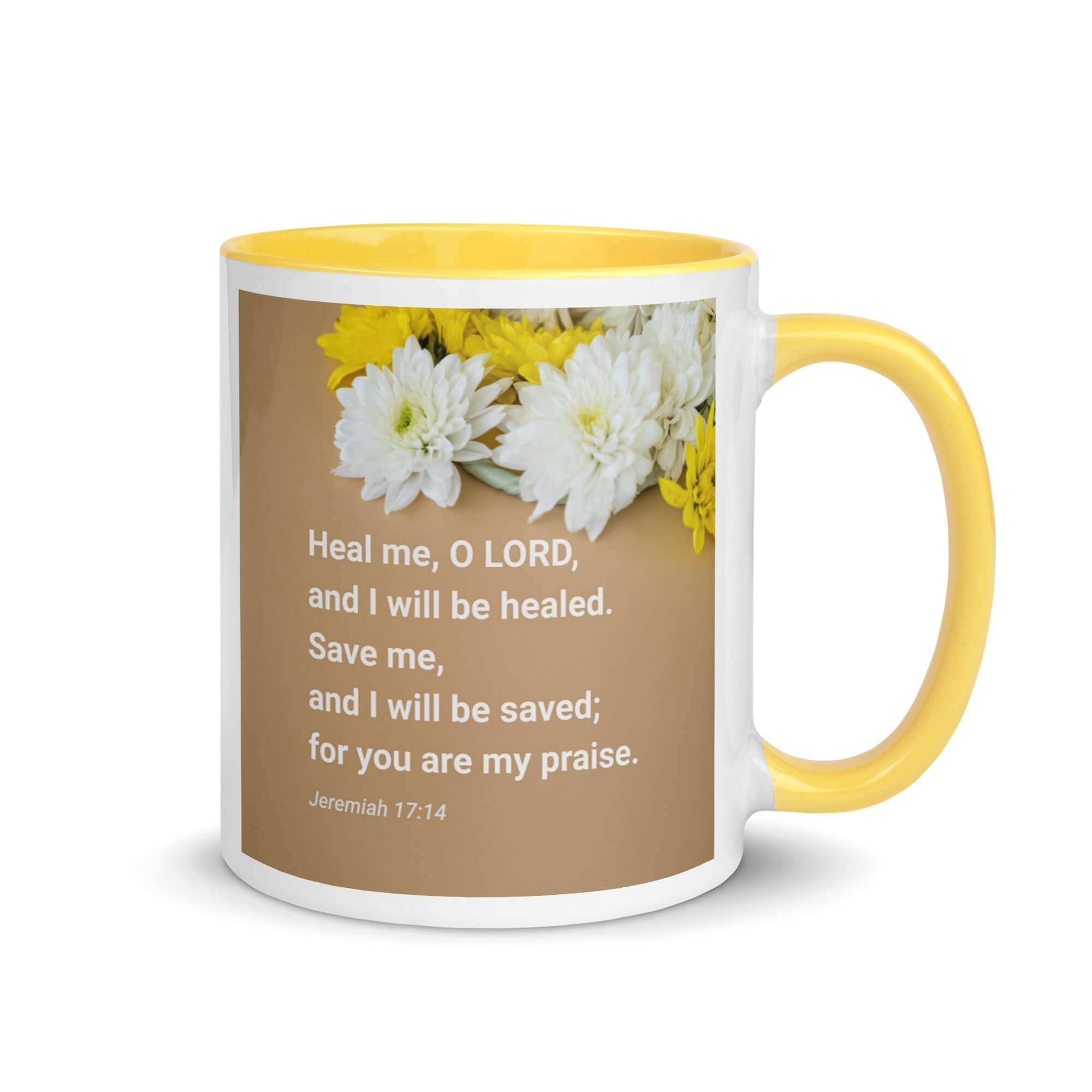 Jeremiah 17:14 Bible Verse, Heal me, O LORD White Ceramic Mug with Color Inside Yellow 11 oz
