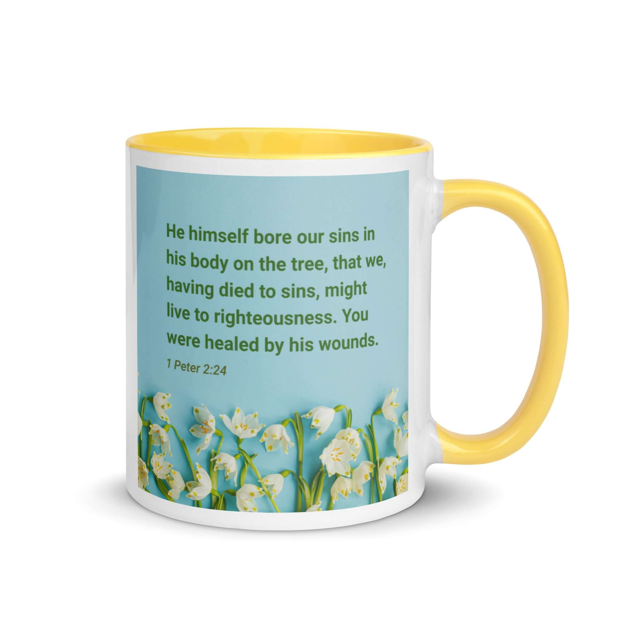 1 Peter 2:24 Bible Verse, healed by His wounds White Ceramic Mug with Color Inside Yellow 11 oz