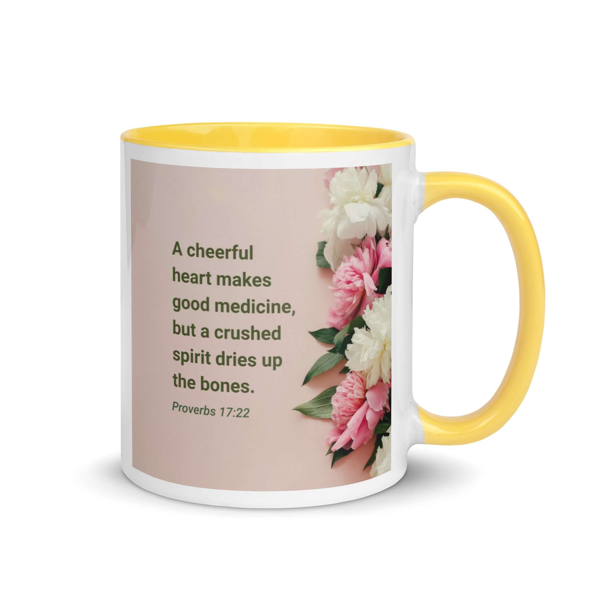 Proverbs 17:22 Bible Verse, good medicine White Ceramic Mug with Color Inside Yellow 11 oz
