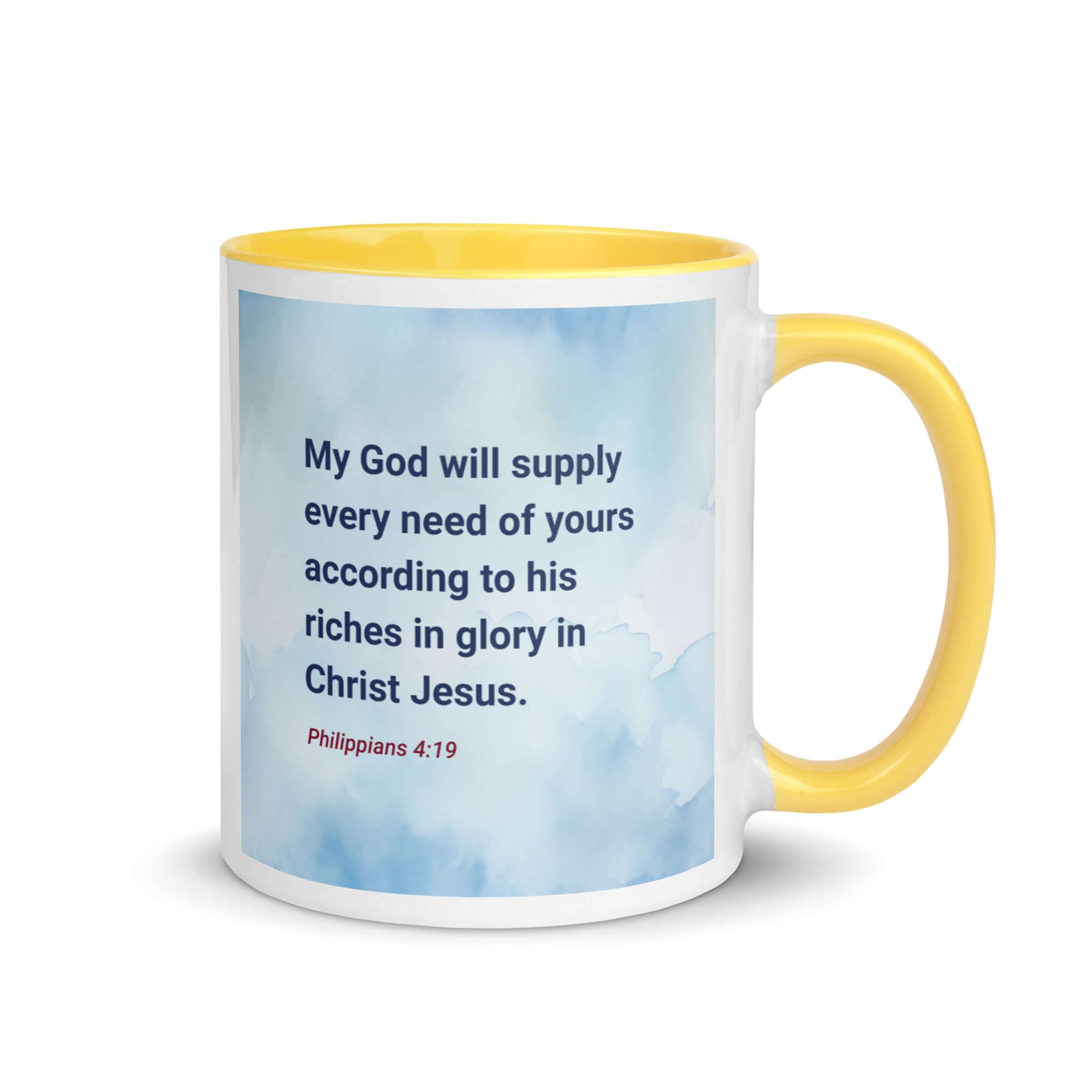 Philippians 4:19 Bible Verse, God will supply White Ceramic Mug with Color Inside Yellow 11 oz