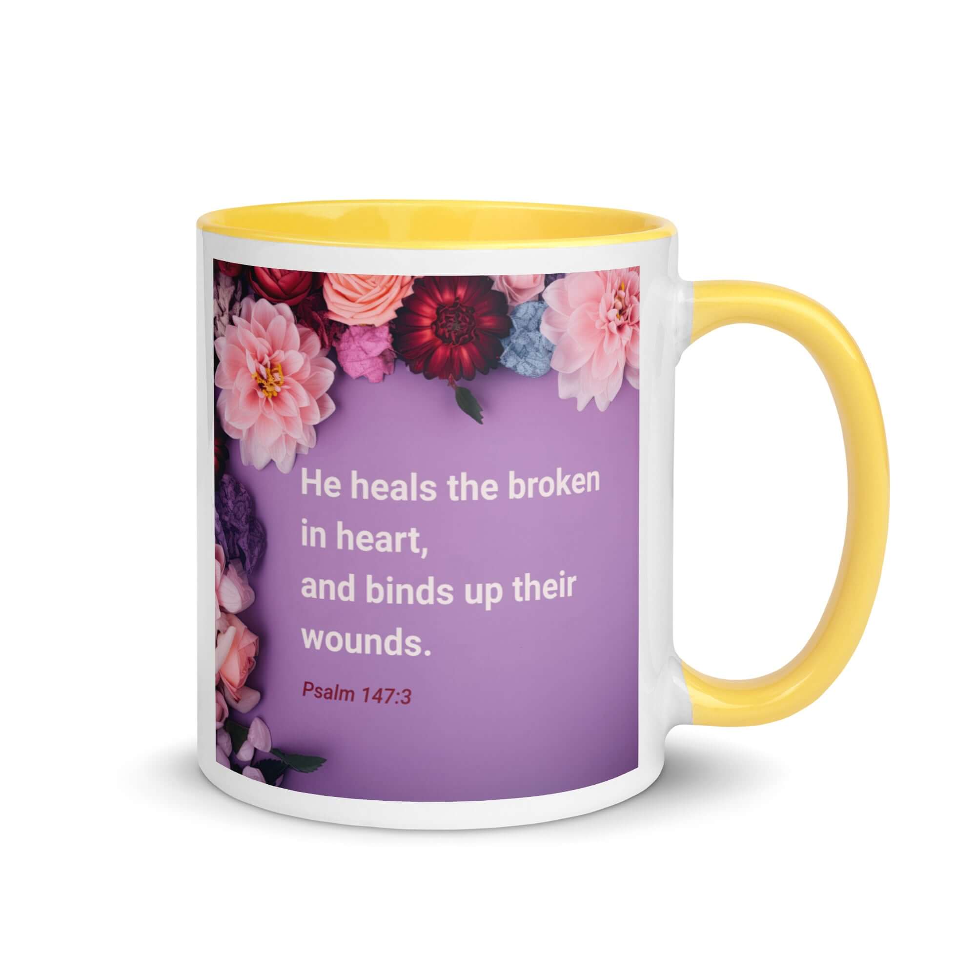 Psalm 147:3 Bible Verse, He heals the broken White Ceramic Mug with Color Inside Yellow 11 oz