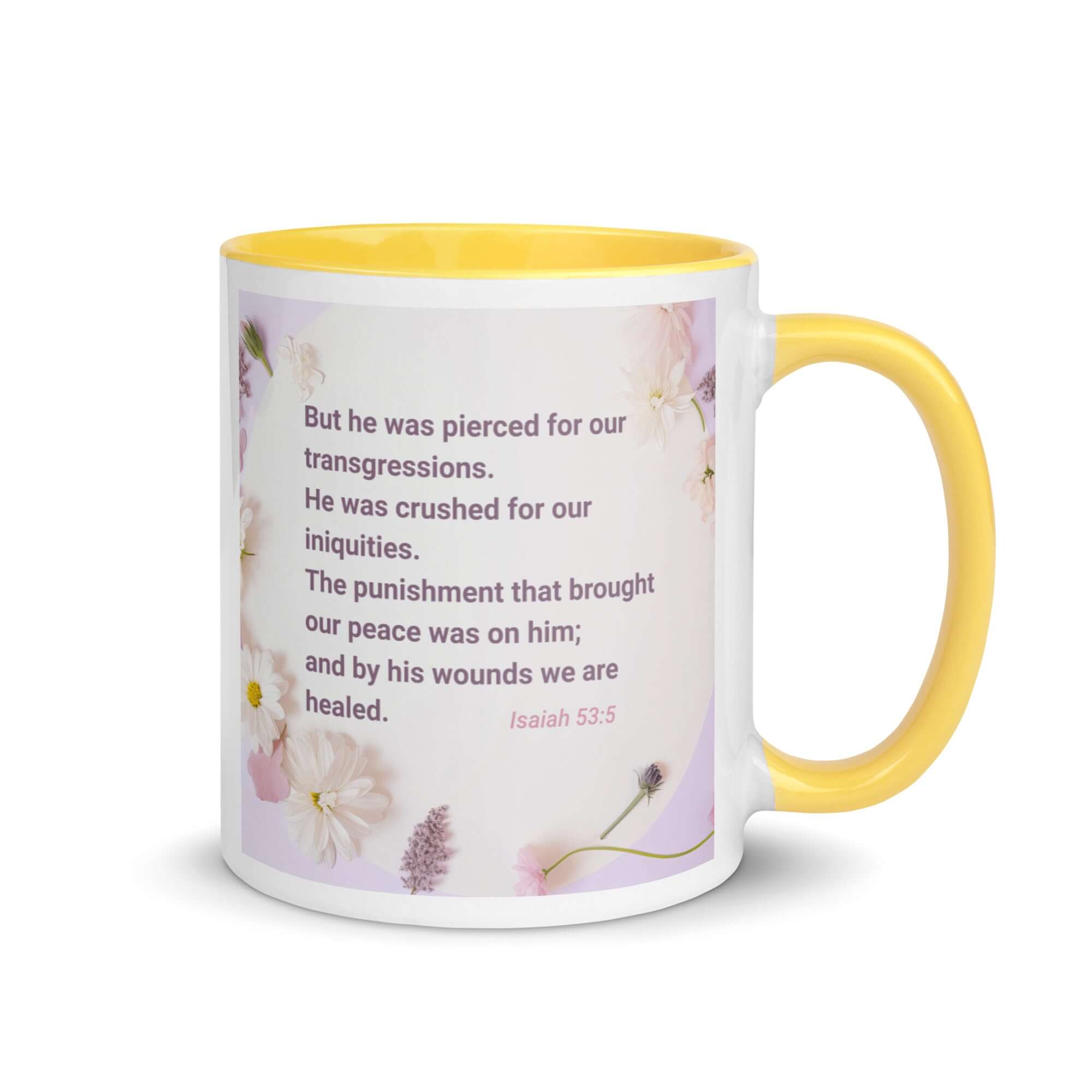 Isaiah 53:5 Bible Verse, by his wounds White Ceramic Mug with Color Inside Yellow 11 oz