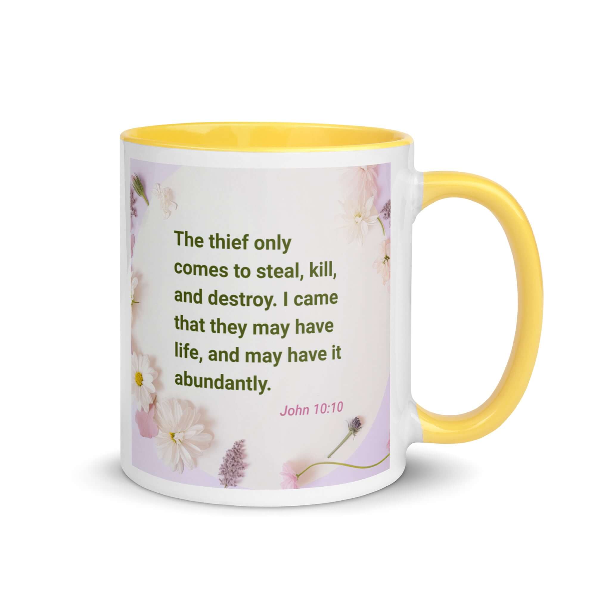 John 10:10 Bible Verse, Abundant Life White Ceramic Mug with Color Inside Yellow 11 oz