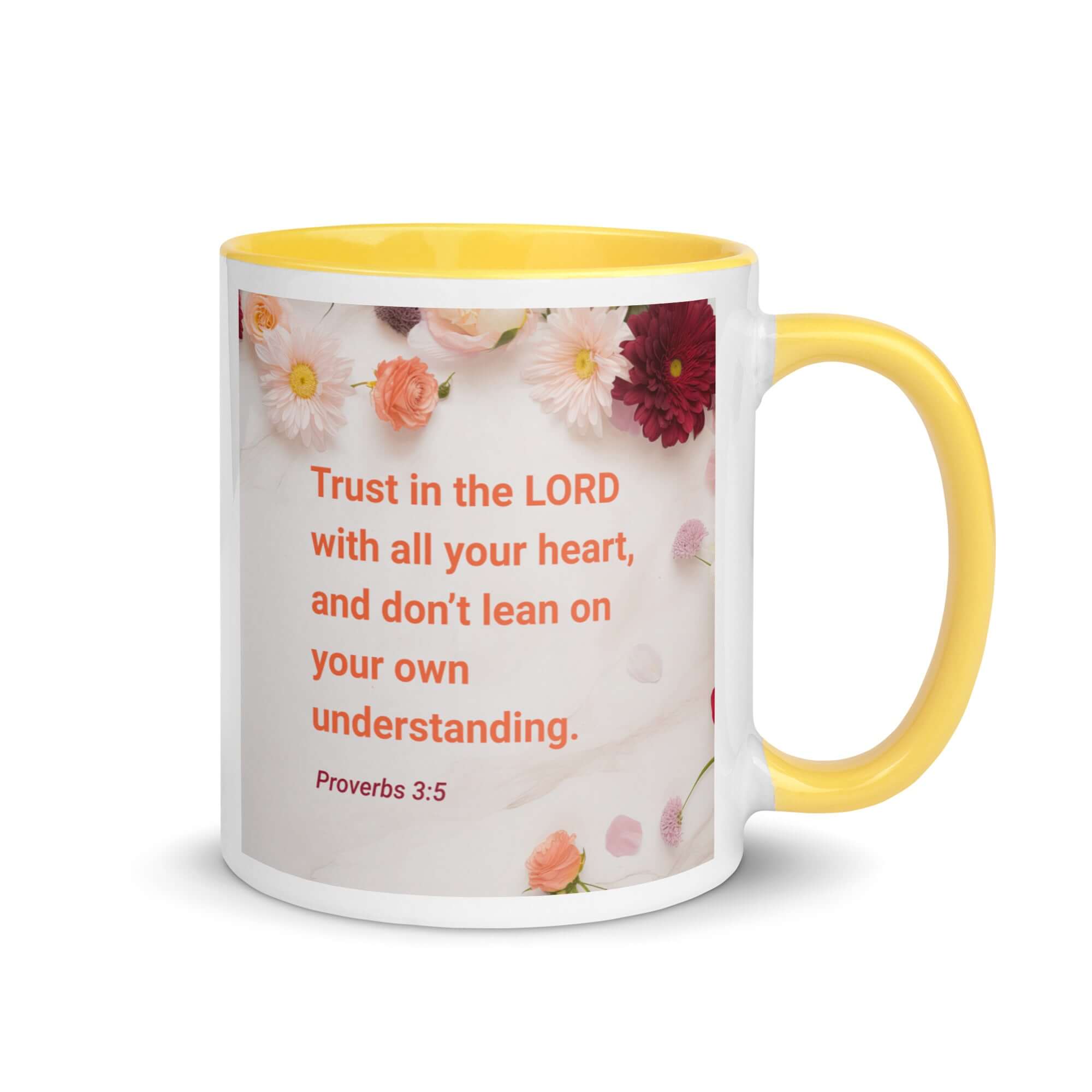 Proverbs 3:5 Bible Verse, Trust in the LORD White Ceramic Mug with Color Inside Yellow 11 oz
