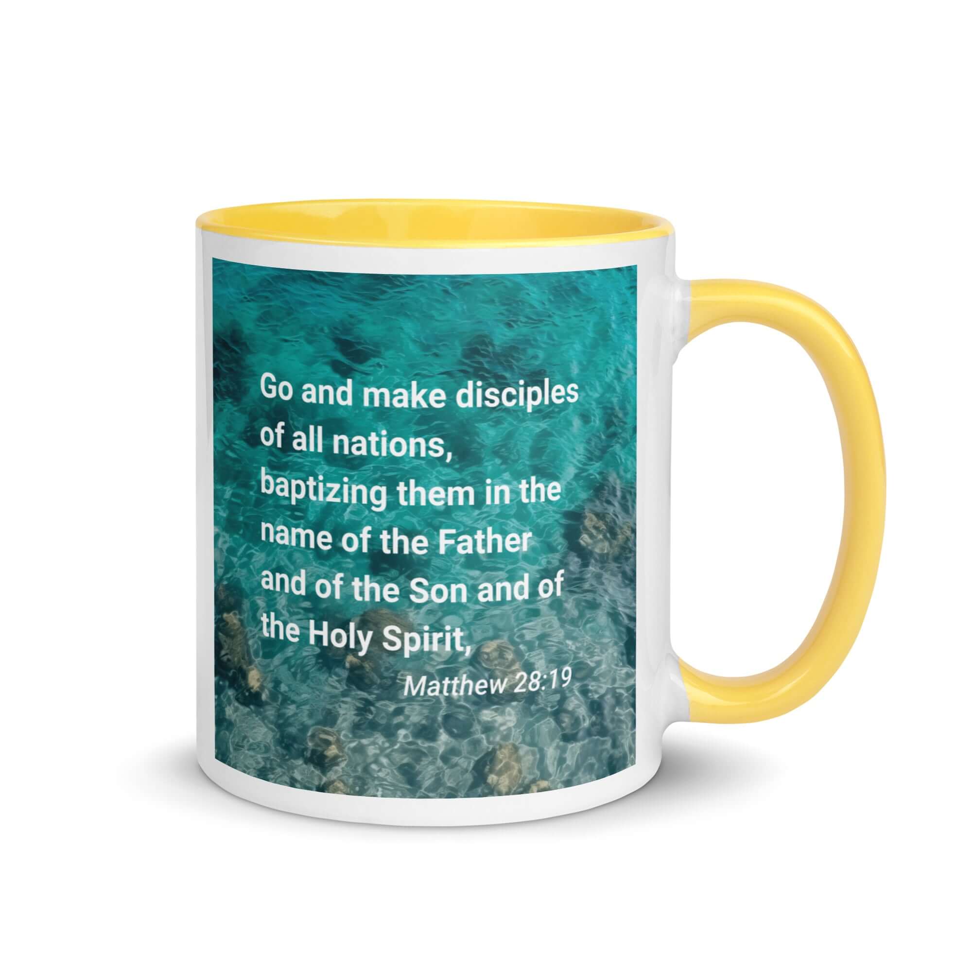 Matthew 28:19 Bible Verse, Make Disciples White Ceramic Mug with Color Inside Yellow 11 oz