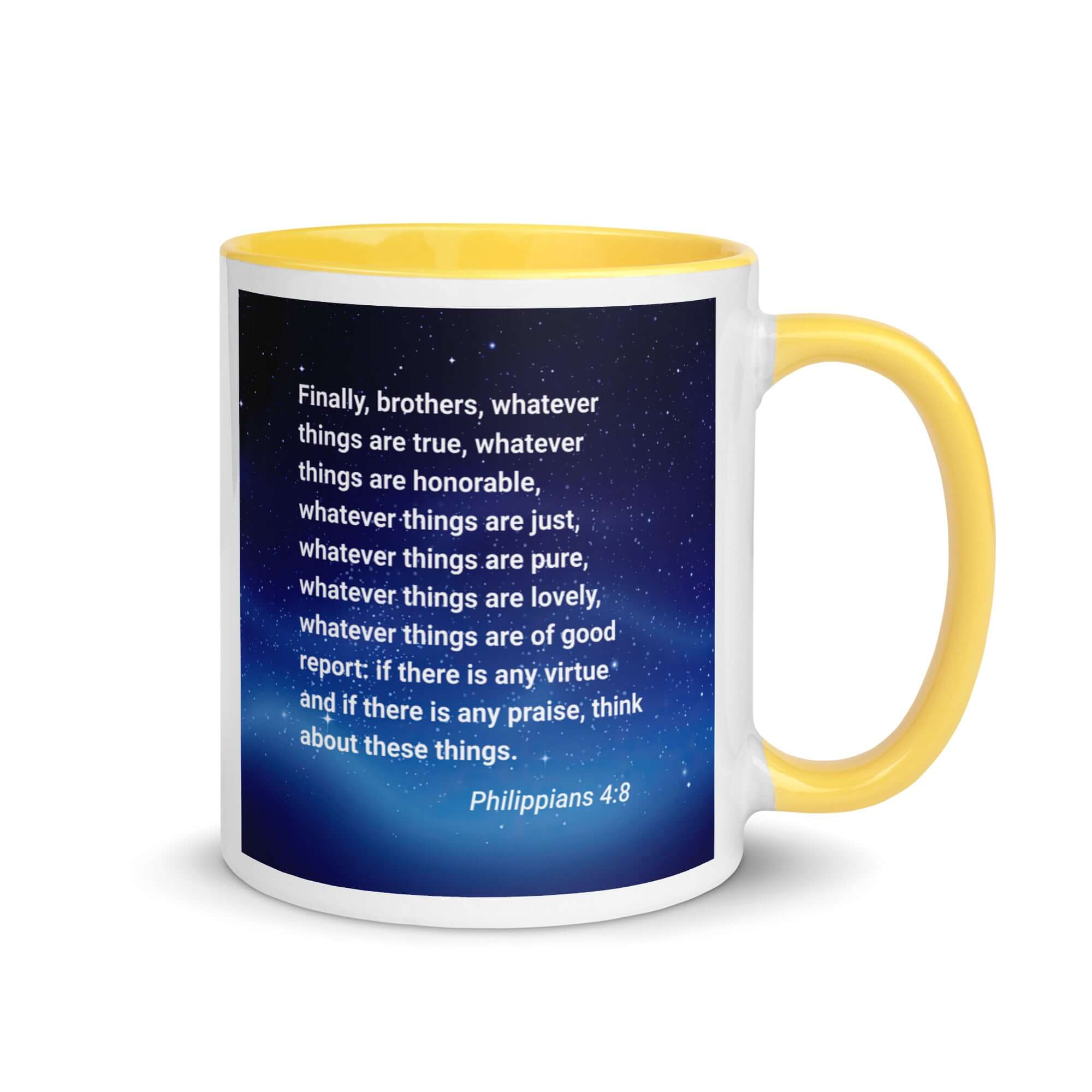 Philippians 4:8 Bible Verse, Think these things White Ceramic Mug with Color Inside Yellow 11 oz