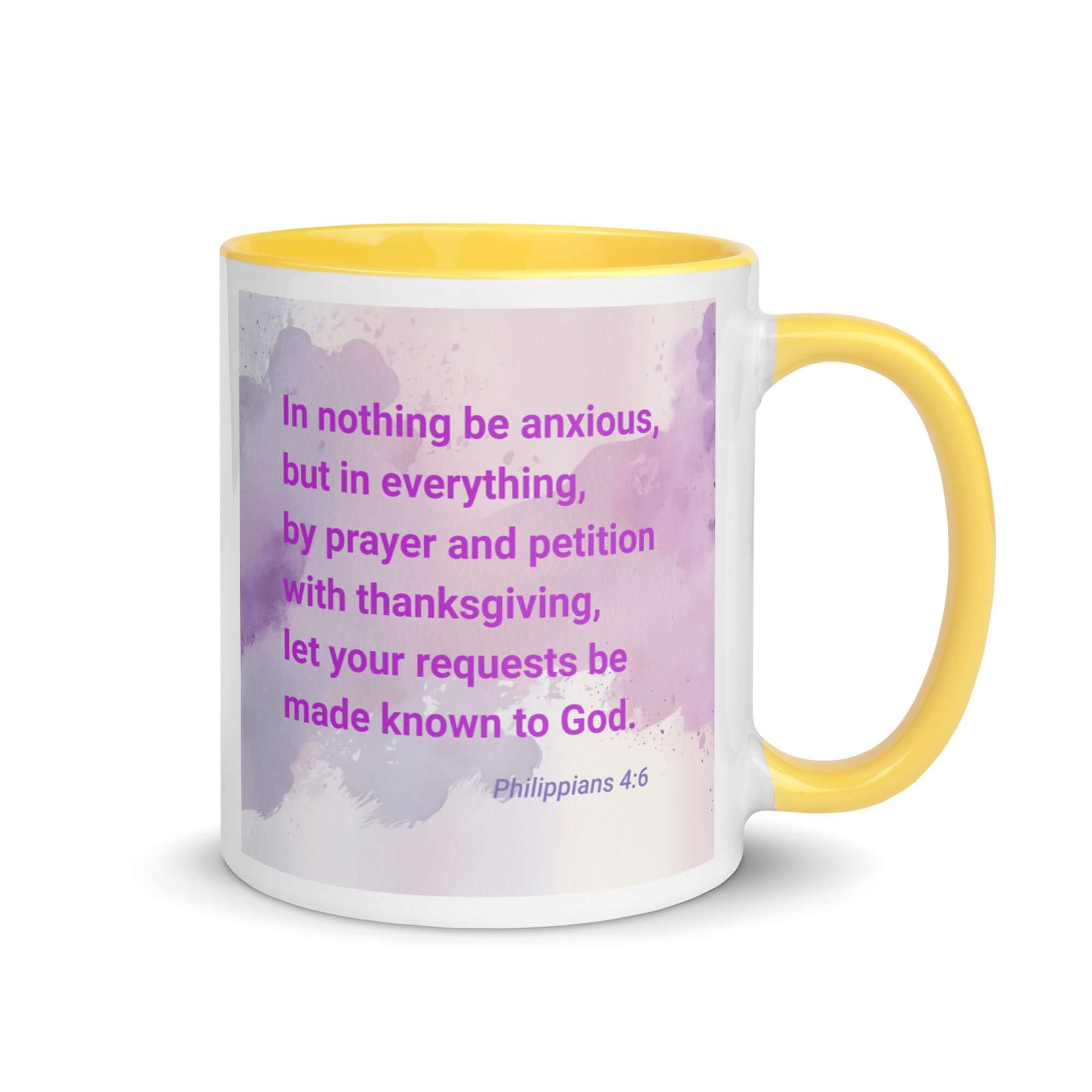 Philippians 4:6 Bible Verse, Prayer and Petition White Ceramic Mug with Color Inside Yellow 11 oz