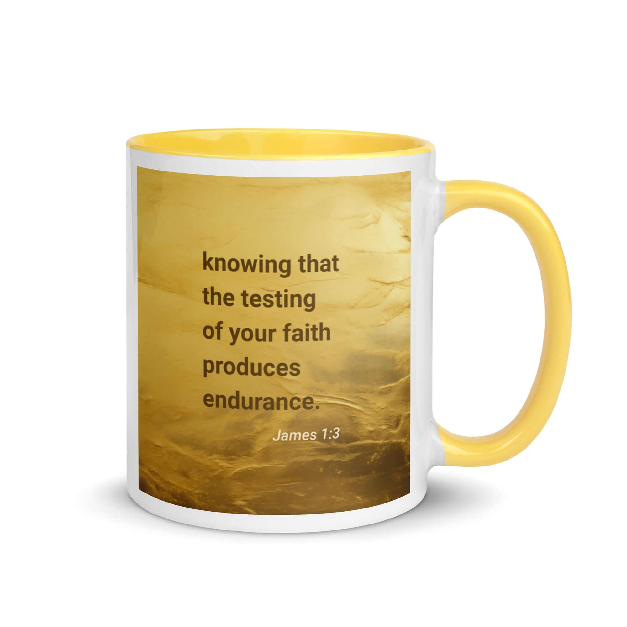 James 1:3 Bible Verse, testing of your faith White Ceramic Mug with Color Inside Yellow 11 oz