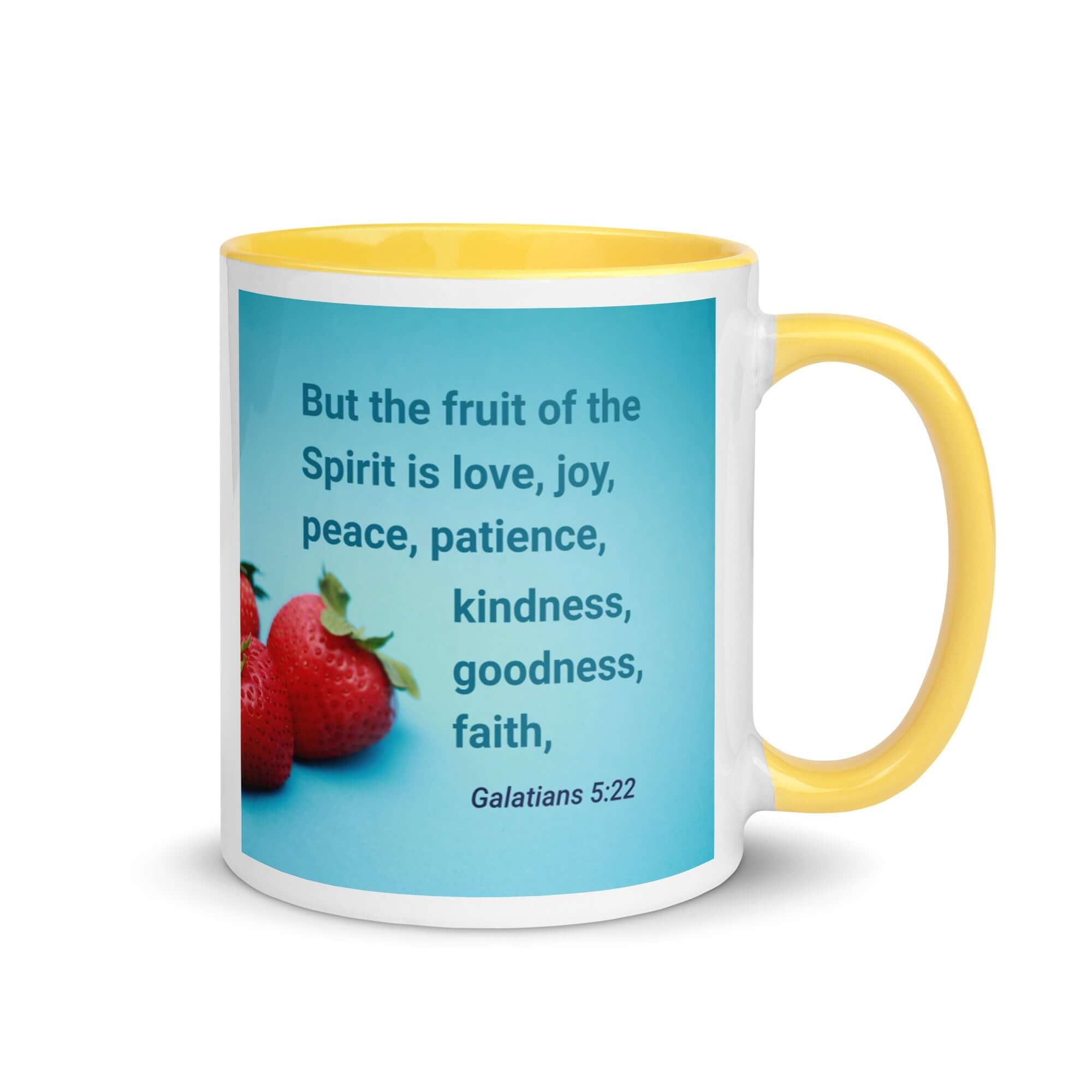 Galatians 5:22 Bible Verse, fruit of the Spirit White Ceramic Mug with Color Inside Yellow 11 oz