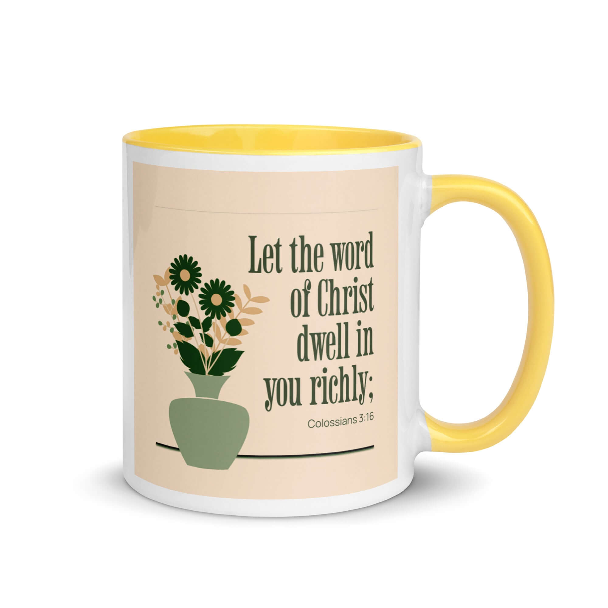 Colossians 3:16 Bible Verse, word of Christ White Ceramic Mug with Color Inside Yellow 11 oz