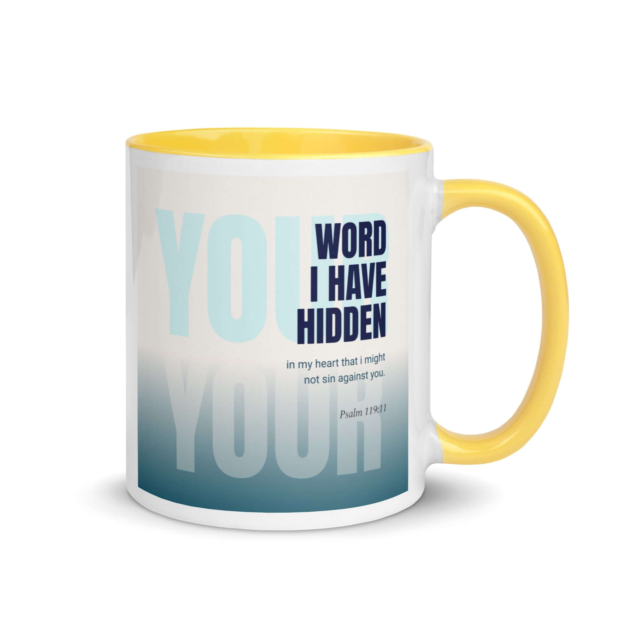 Psalm 119:11 Bible Verse, hidden your word White Ceramic Mug with Color Inside Yellow 11 oz