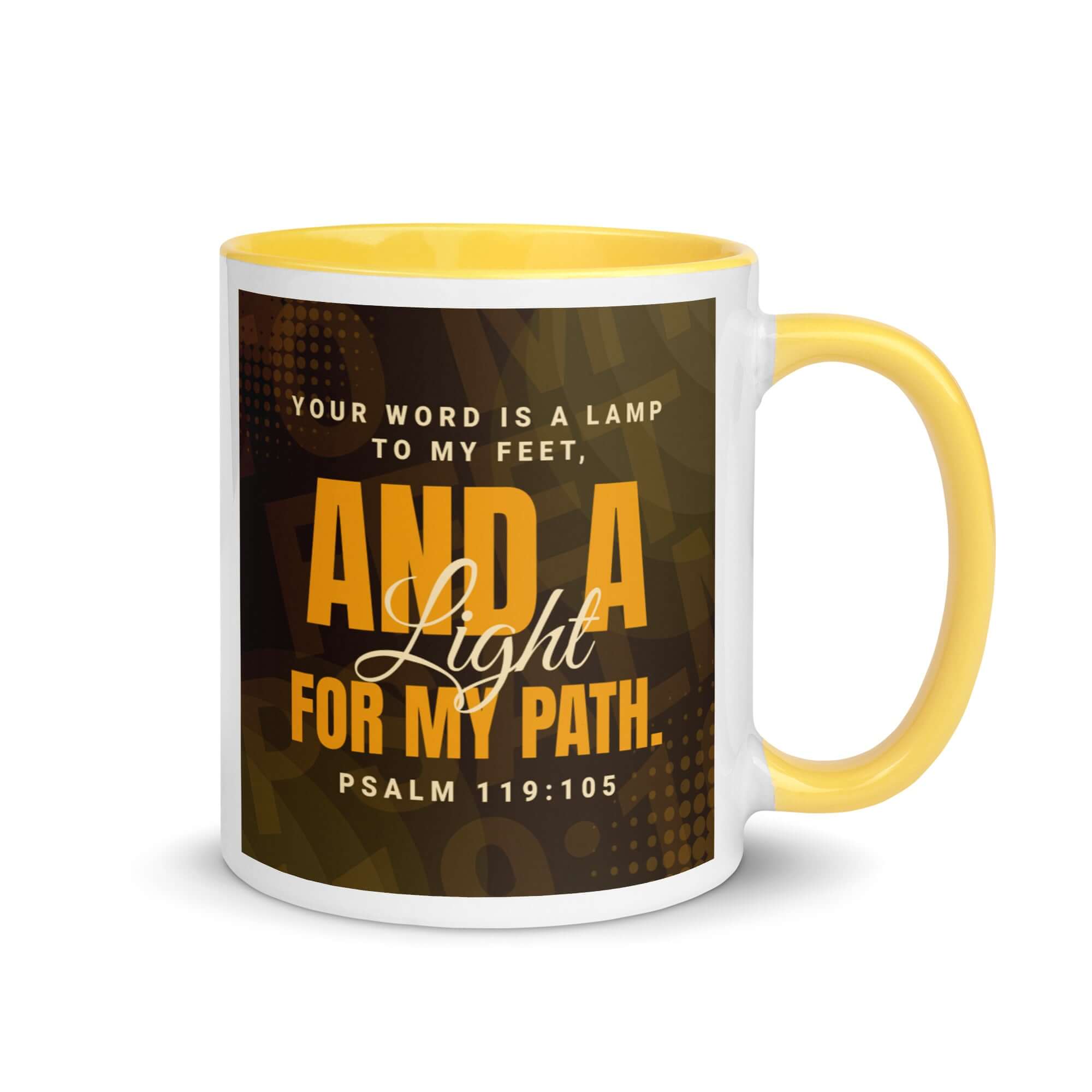 Psalm 119:105 Bible Verse, lamp to my feet White Ceramic Mug with Color Inside Yellow 11 oz