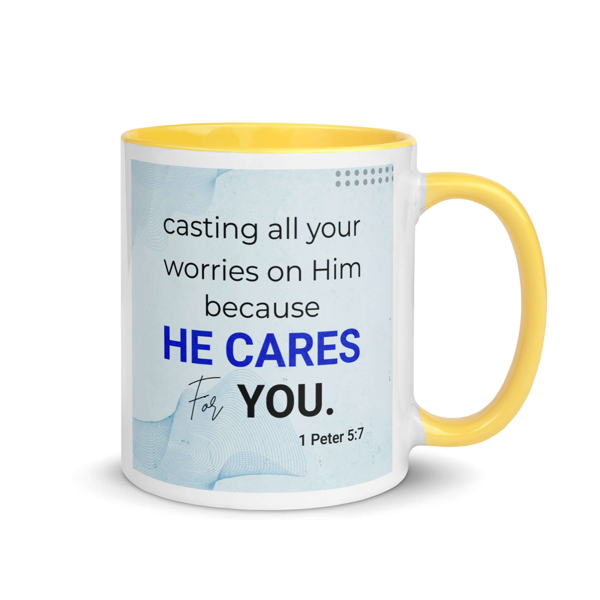 1 Peter 5:7 Bible Verse, casting all your worries on Him White Ceramic Mug with Color Inside Yellow 11 oz