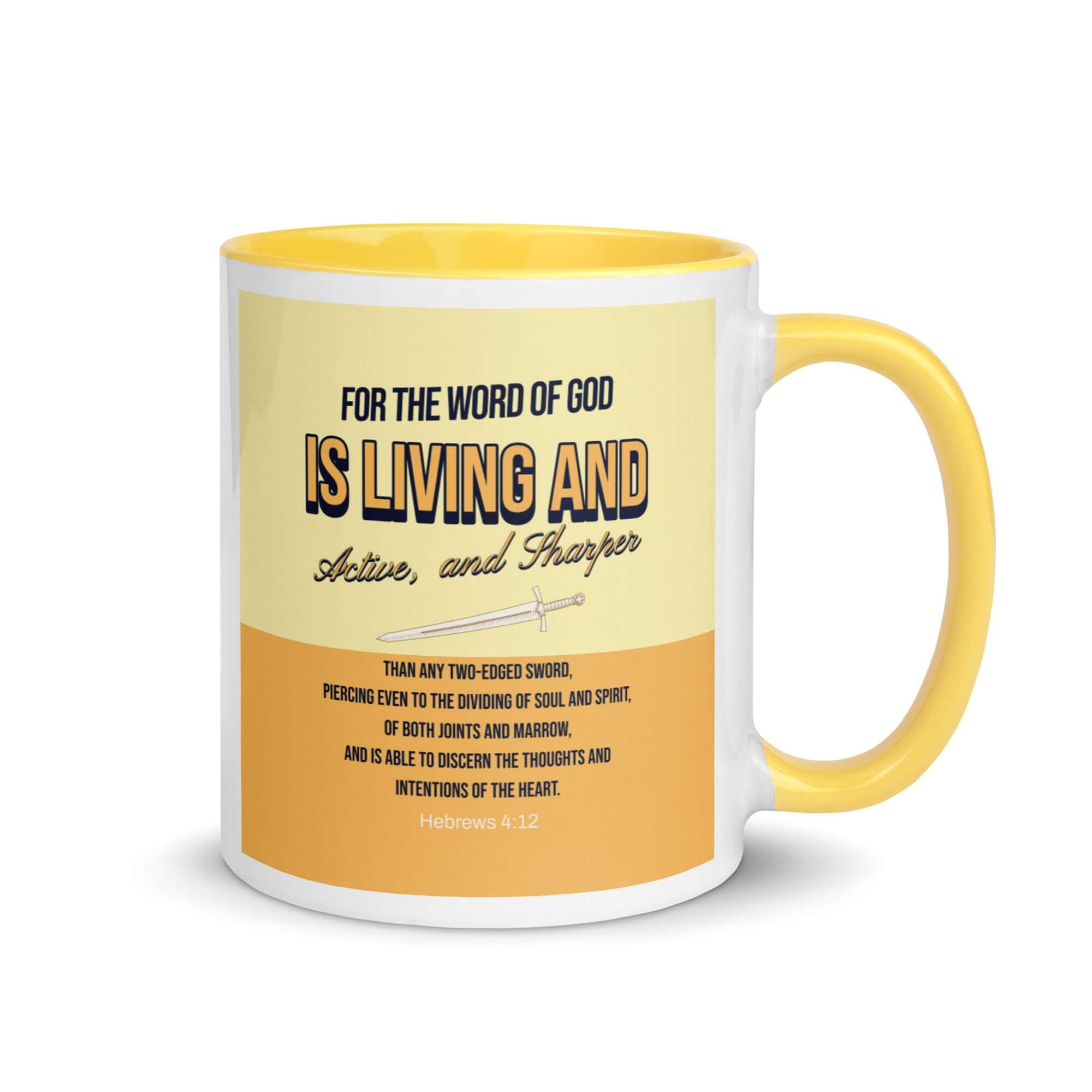 Hebrews 4:12 Bible Verse, living and active White Ceramic Mug with Color Inside Yellow 11 oz