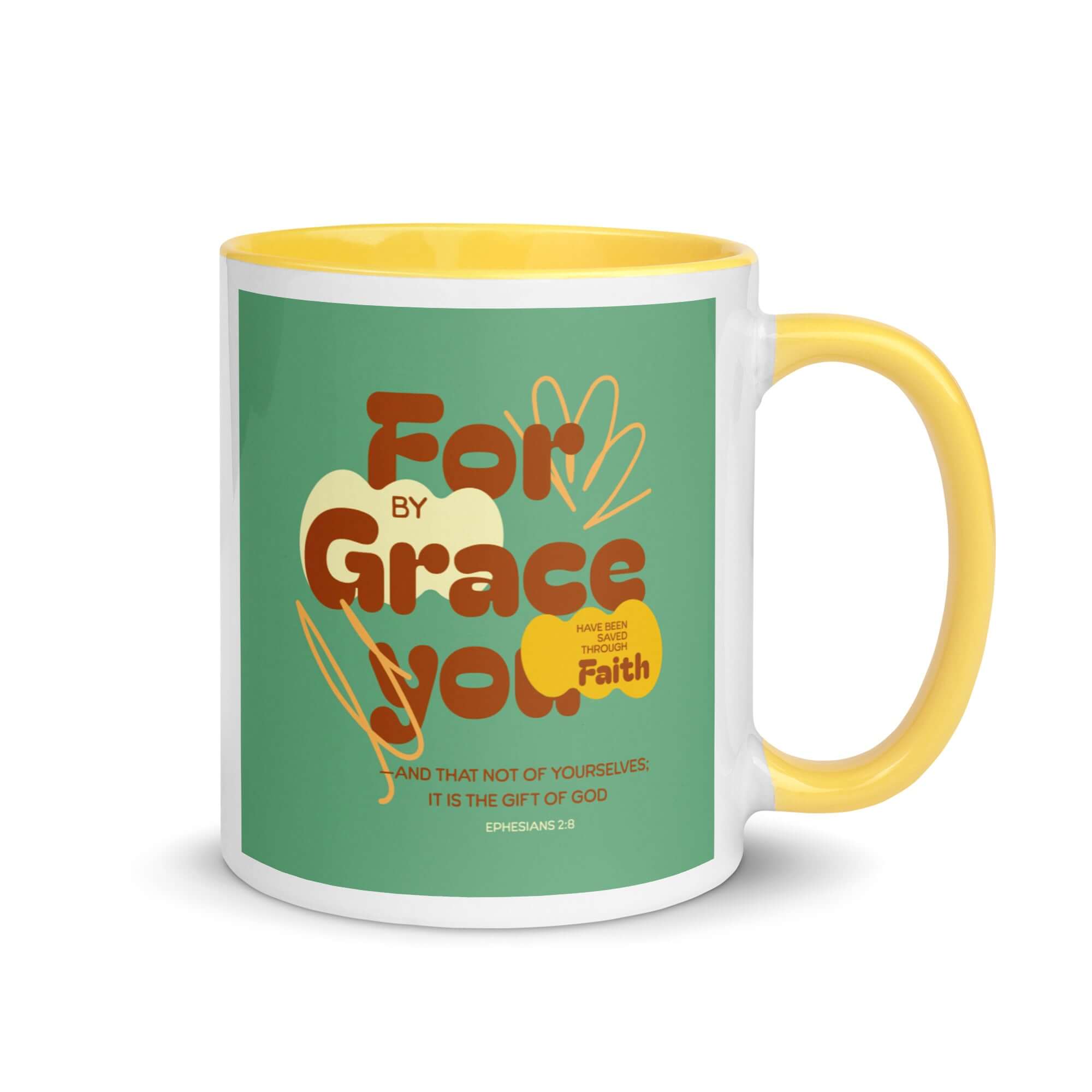Ephesians 2:8 Bible Verse, for by grace White Ceramic Mug with Color Inside Yellow 11 oz