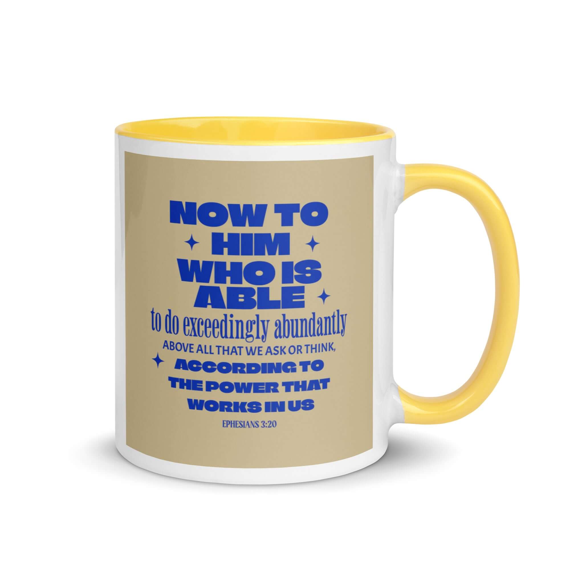 Ephesians 3:20 Bible Verse, power in us White Ceramic Mug with Color Inside Yellow 11 oz