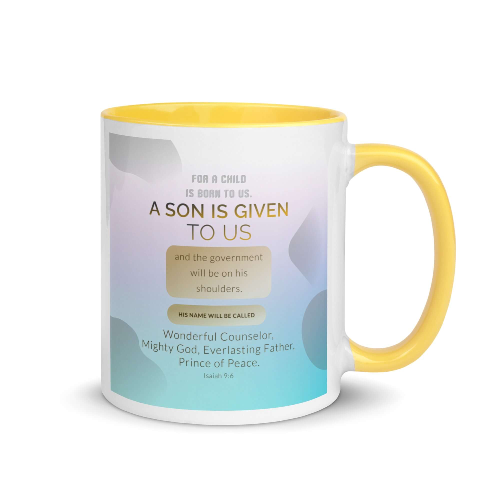 Isaiah 9:6 Bible Verse, Wonderful Counselor White Ceramic Mug with Color Inside Yellow 11 oz