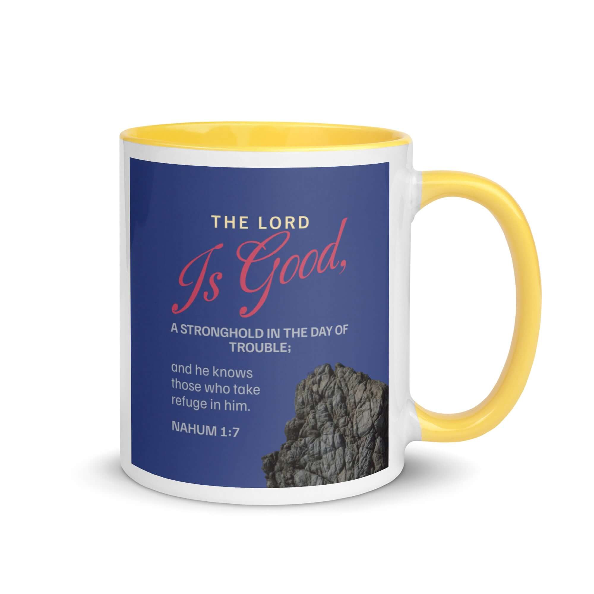 Nahum 1:7 Bible Verse, The LORD is good White Ceramic Mug with Color Inside Yellow 11 oz