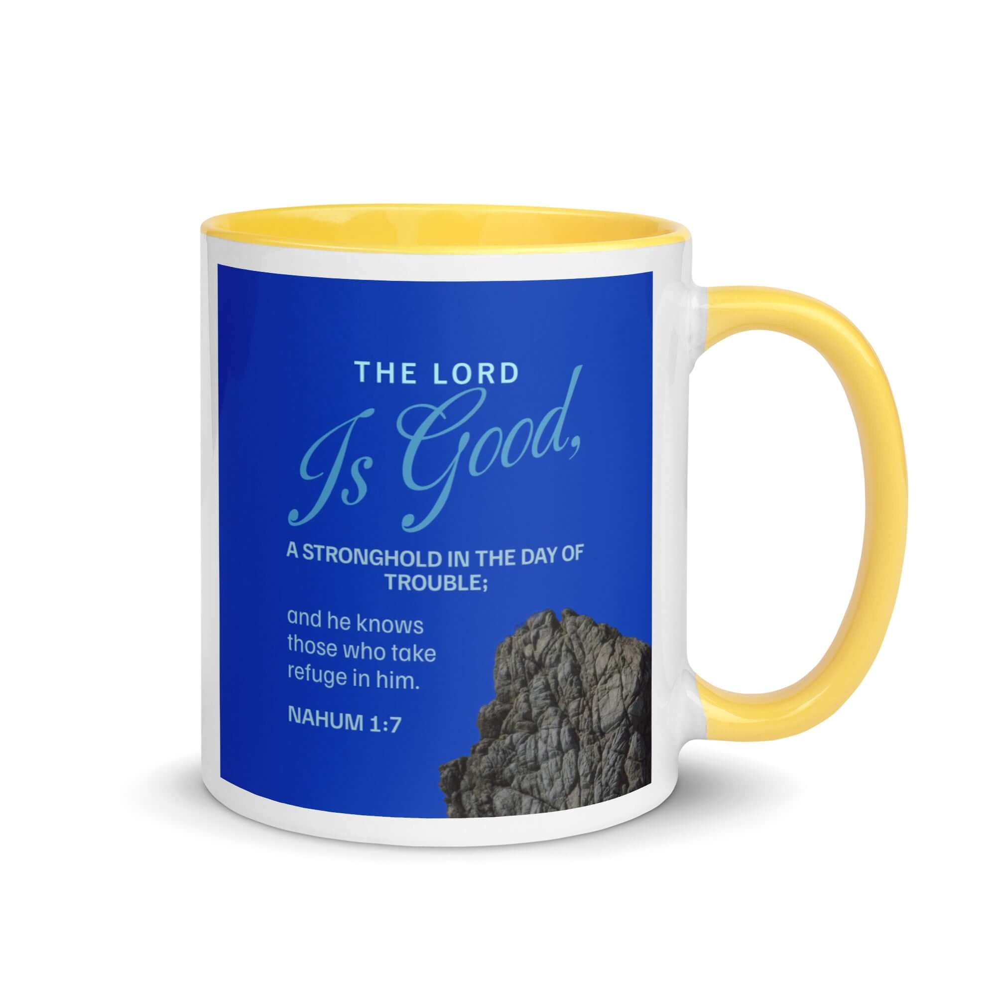 Nahum 1:7 Bible Verse, The LORD is a stronghold White Ceramic Mug with Color Inside Yellow 11 oz