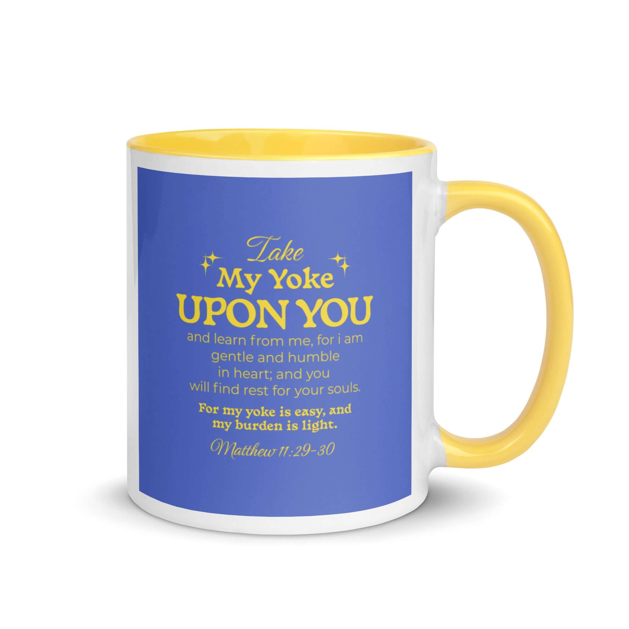 Matthew 11:29-30 Bible Verse, Take my yoke White Ceramic Mug with Color Inside Yellow 11 oz