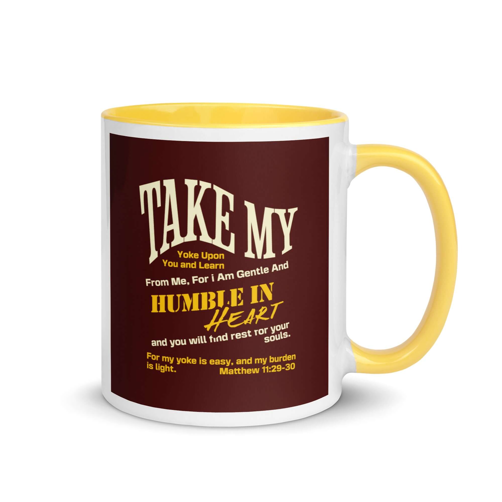Matthew 11:29-30 Bible Verse, learn from me White Ceramic Mug with Color Inside Yellow 11 oz