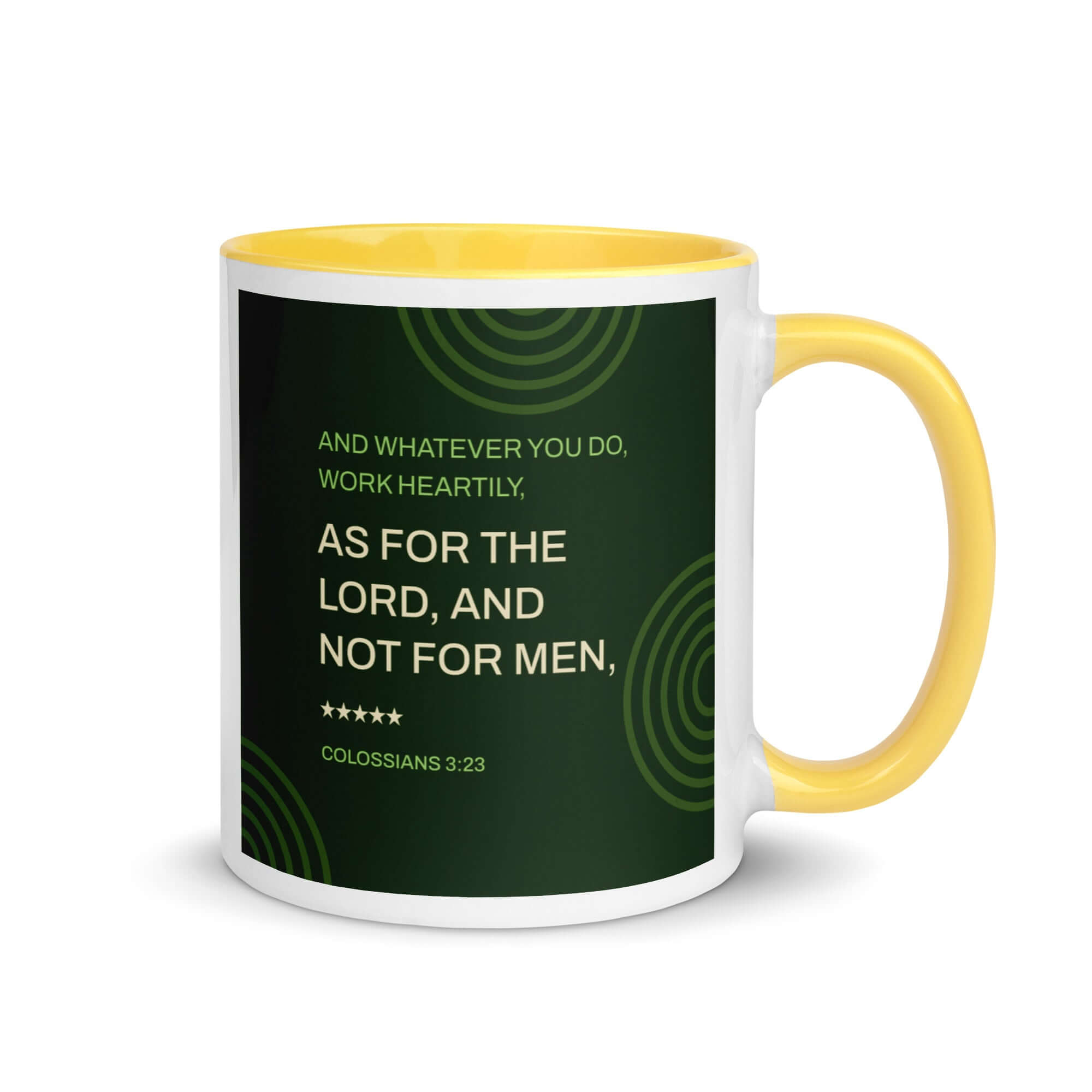 Colossians 3:23 Bible Verse, not for men White Ceramic Mug with Color Inside Yellow 11 oz